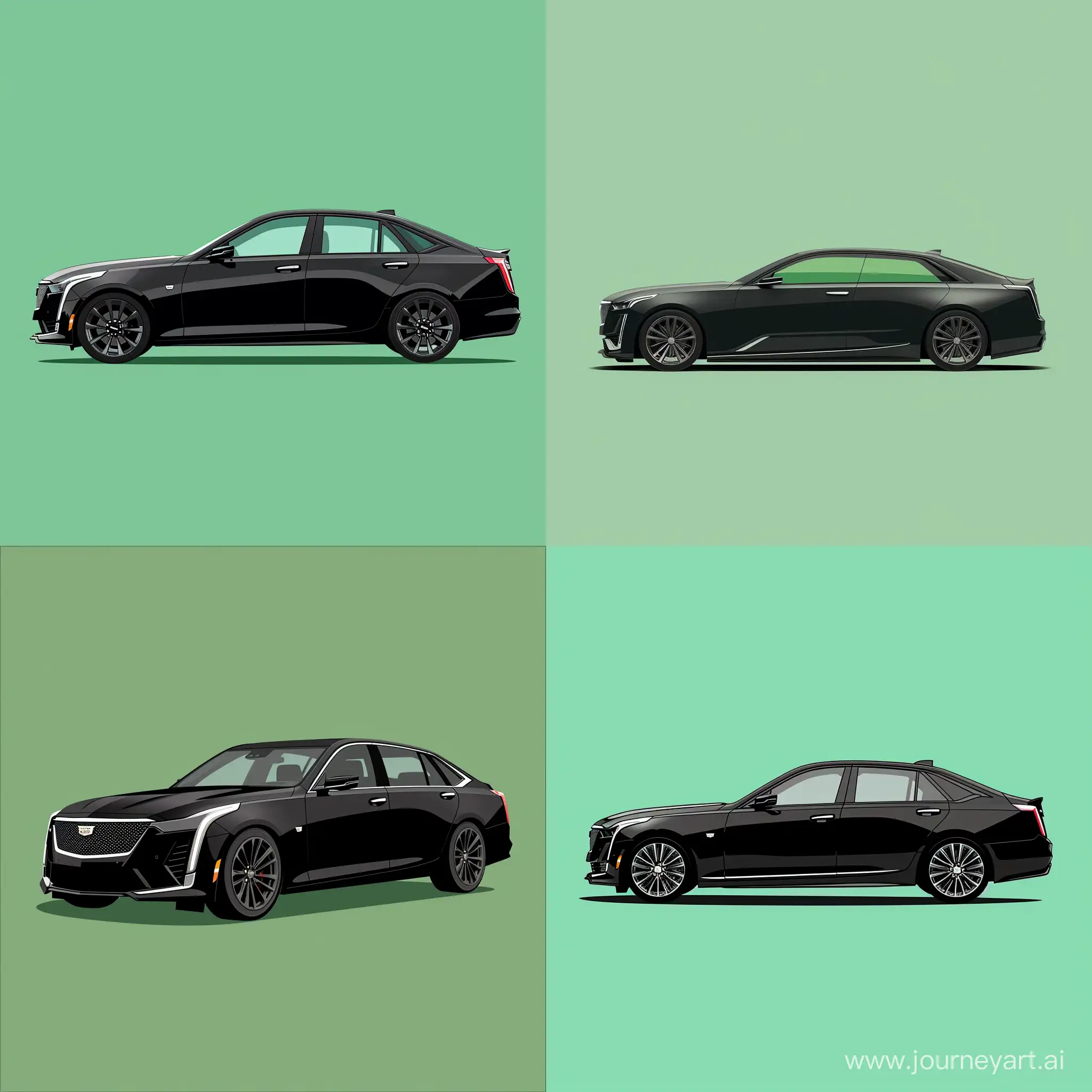 Minimalism 2D Illustration Car of 2/3 View, Cadillac CT5: Black Body Color, Simple Green Background, Adobe Illustrator Software, High Precision