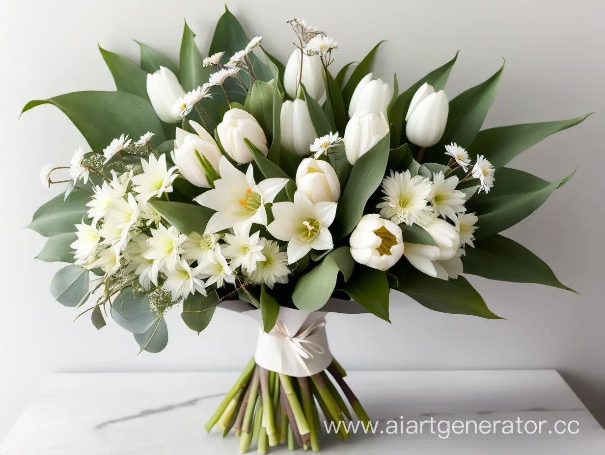 Цветочный букет из белых тюльпанов, ромашек, белых нарциссов, белой гортензии, белых лилий, веточки эвкалипта