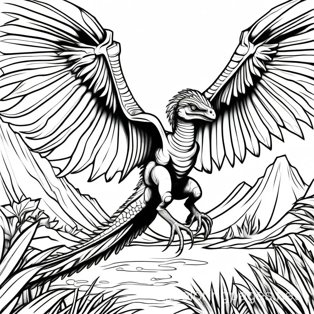 Microraptor dinosaur, prehistoric background line drawn black and white, Coloring Page, black and white, line art, white background, Simplicity, Ample White Space. The background of the coloring page is plain white to make it easy for young children to color within the lines. The outlines of all the subjects are easy to distinguish, making it simple for kids to color without too much difficulty, Coloring Page, black and white, line art, white background, Simplicity, Ample White Space. The background of the coloring page is plain white to make it easy for young children to color within the lines. The outlines of all the subjects are easy to distinguish, making it simple for kids to color without too much difficulty