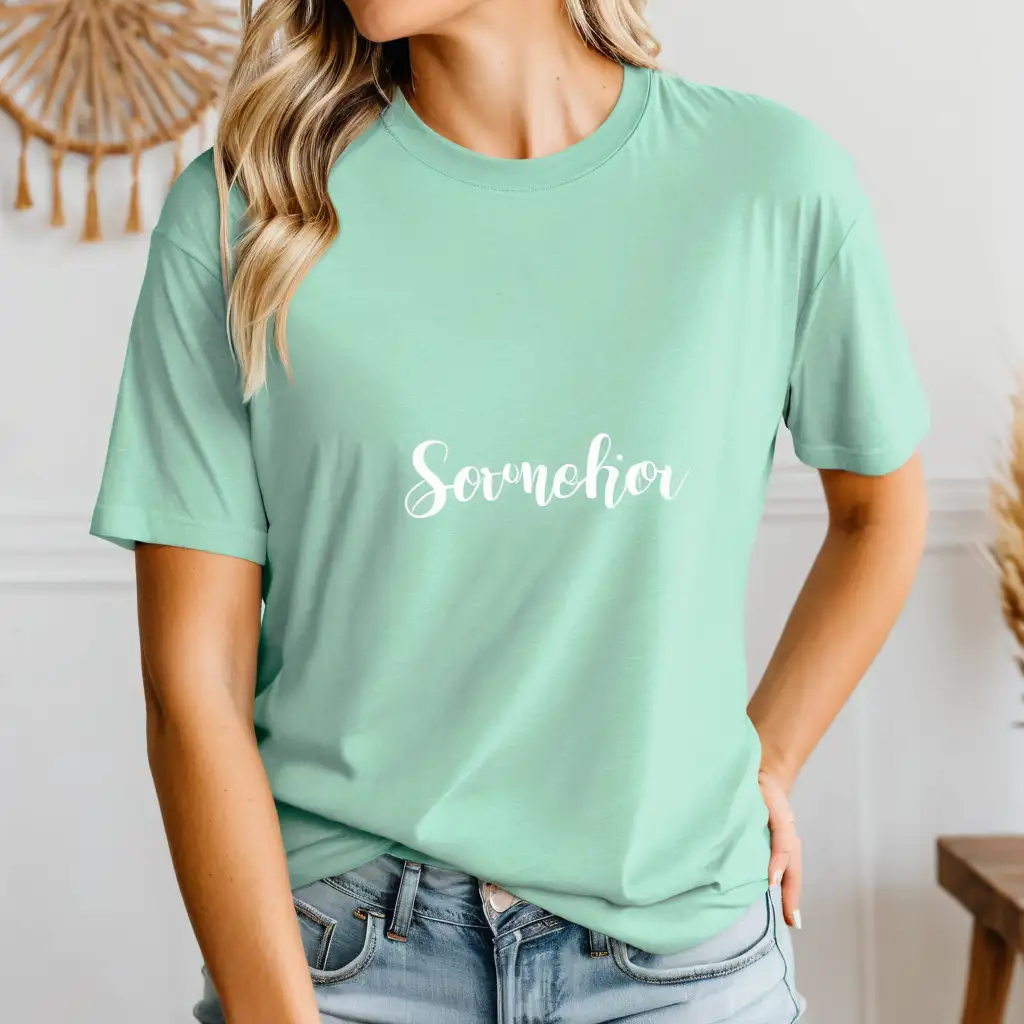 petite blonde woman wearing bella canvas 3001 heather mint oversized t-shirt mockup, simple boho home background, clear stiches