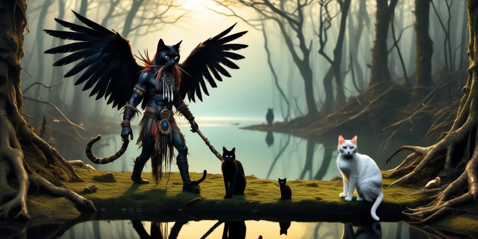a witchdoctor  he has large black wings on his back, a ginger & white cat & a black cat  are walking with the witchdoctor in an ancient forest with a huge lake , there is a black mirror on the ground 