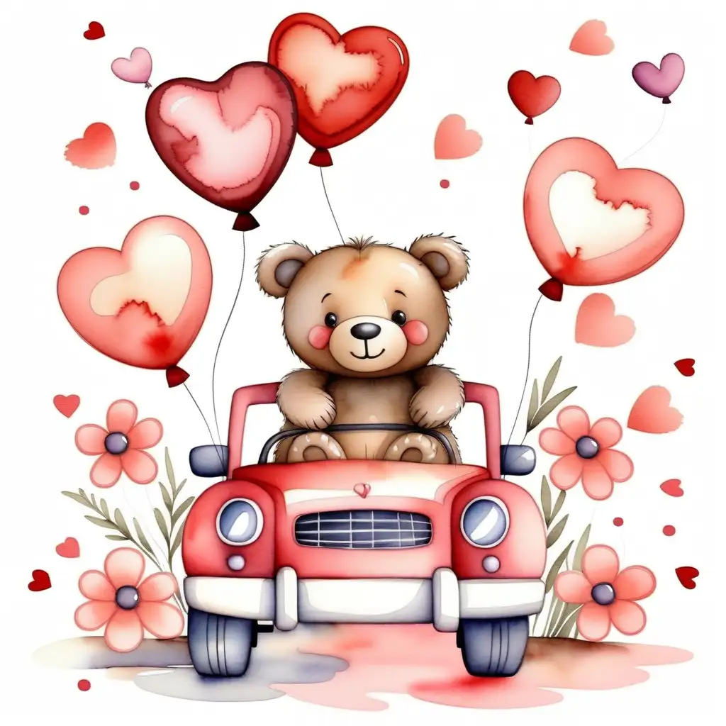 Adorable Valentines Day Scene with Car Balloon Bear and Flowers