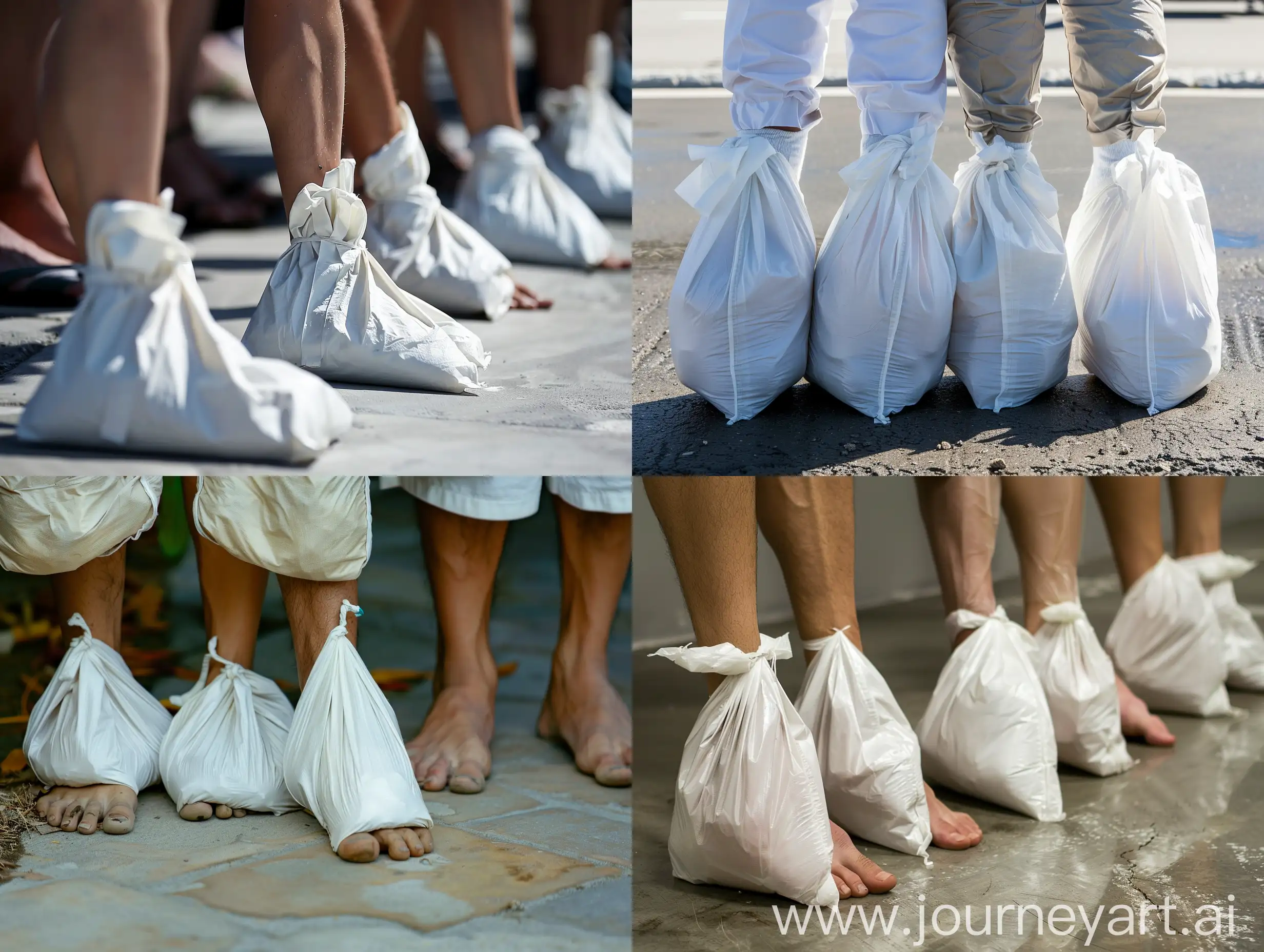 People wear white bags on foots 