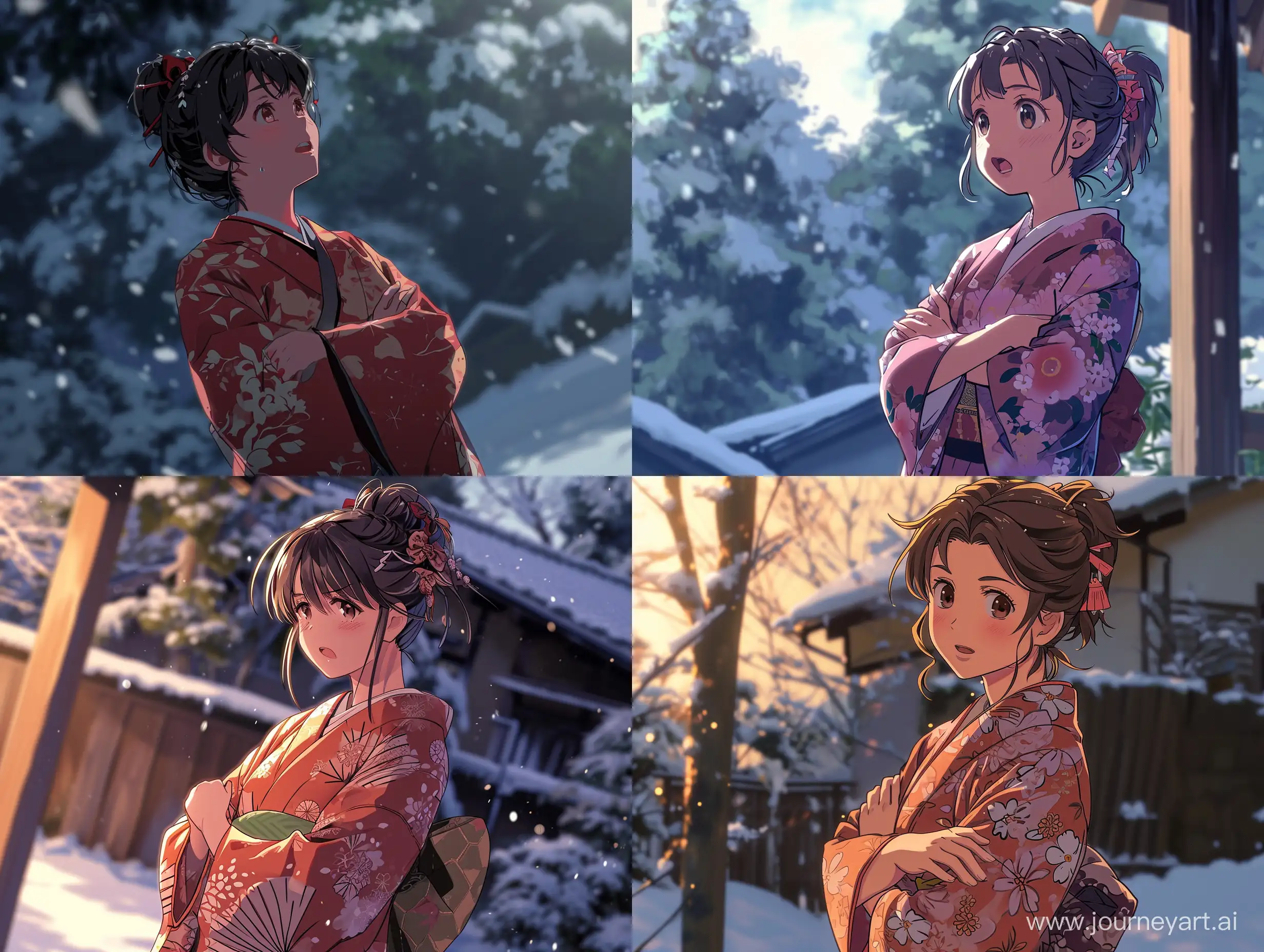 an anime scene, best quality, medium shot of a woman in kimono, crossing her arms, talking, tsundere expression, head tilt up, look down, low angle shot , ultra detailed, snowy, morning light --v 6 --ar 4:3 --q 2