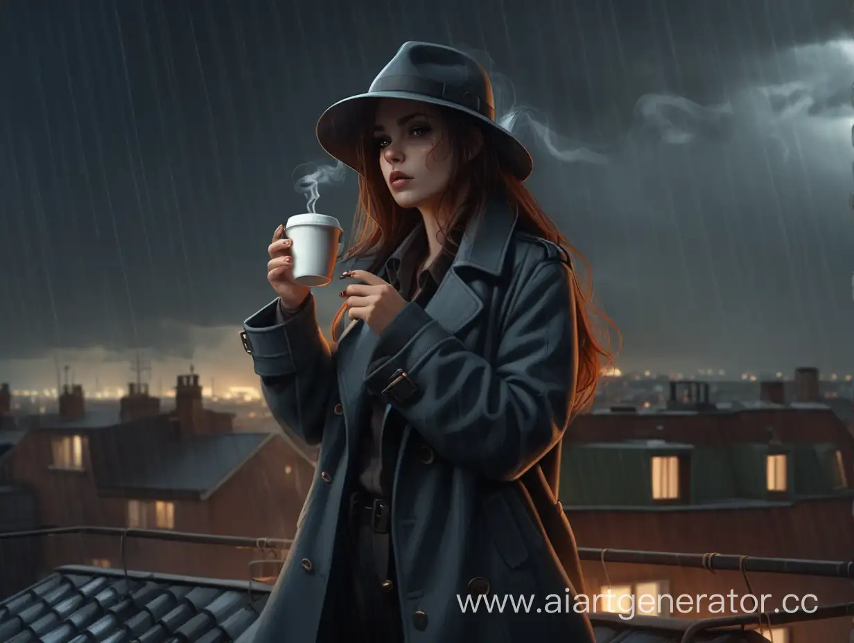 dark detective woman, smoking cigarette, holding cardboard cup of hot coffee. she's standing on a roof, the weather is raining, storming night

