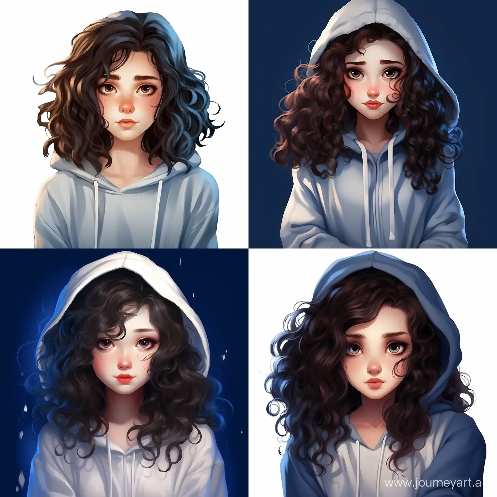 Beautiful girl, dark curly hair, sapphire eyes, snow-white skin, teenager, 14 years old, calm, in a hoodie and skirt, high quality, high detail, cartoon art