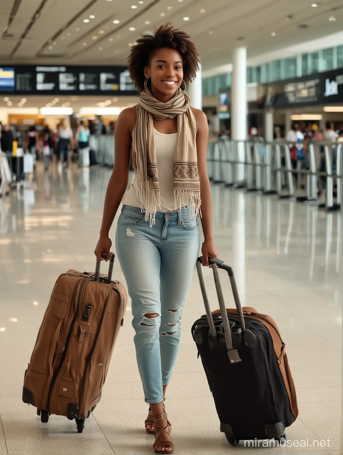 Caribbean Woman in Sportswear and Elegant Scarf Walking Through Airport with Luggage