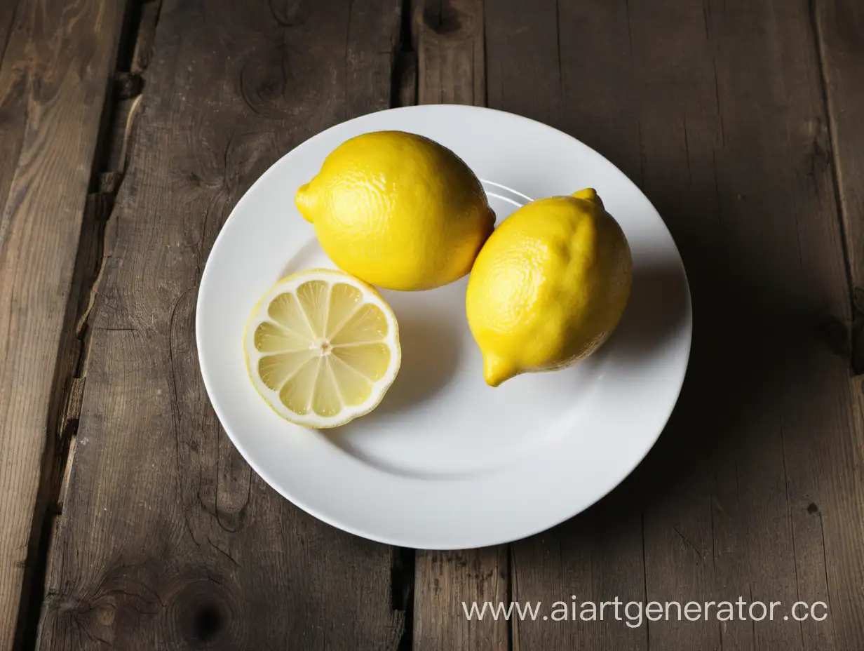 Лимон на тарелке на деревянном столе .