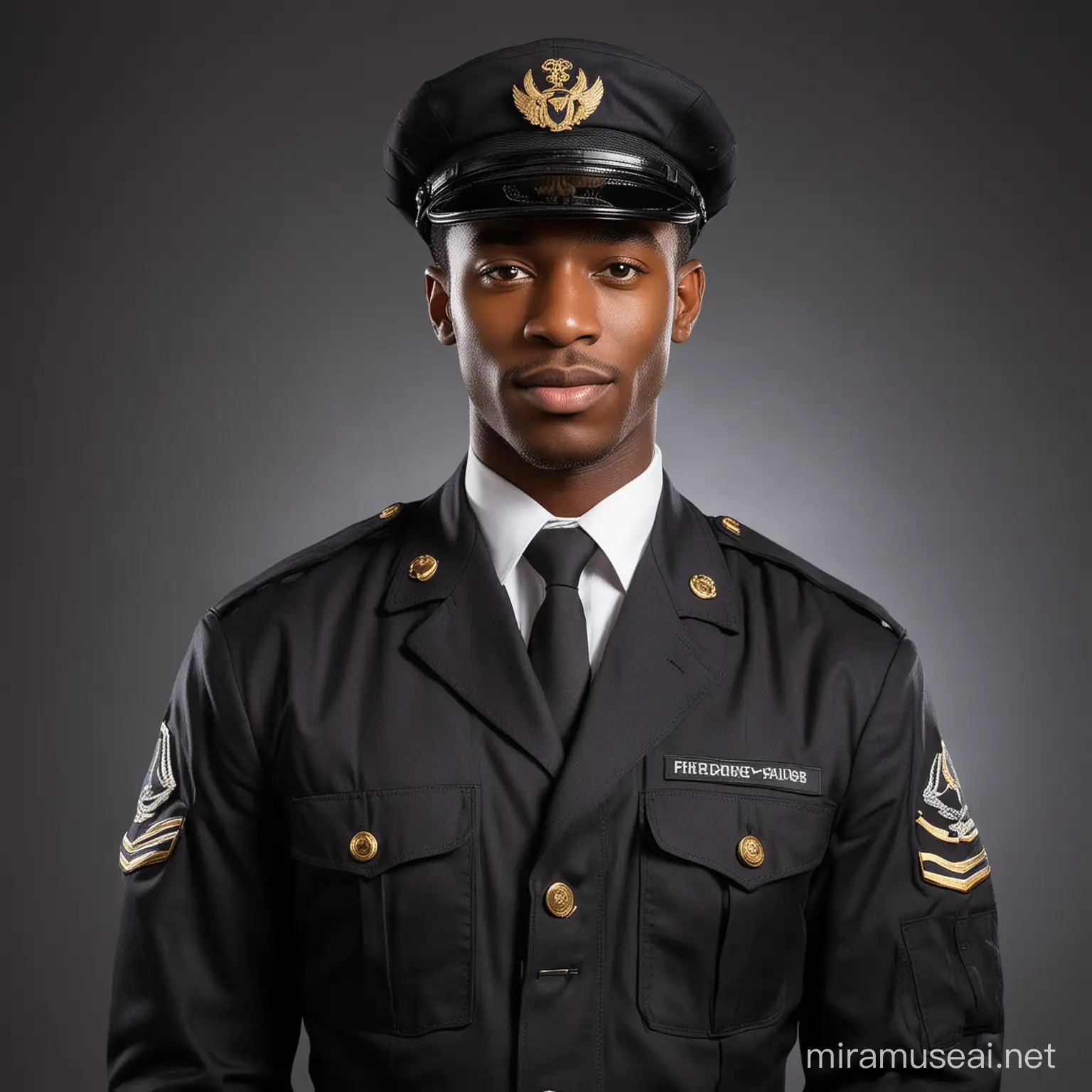 Confident Black Airline Pilot Wearing Full Uniform