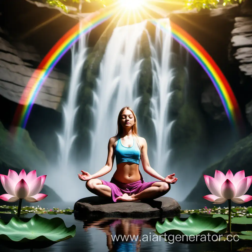Serene-Girl-in-Lotus-Pose-by-Waterfall-with-Flowers-and-Rainbow