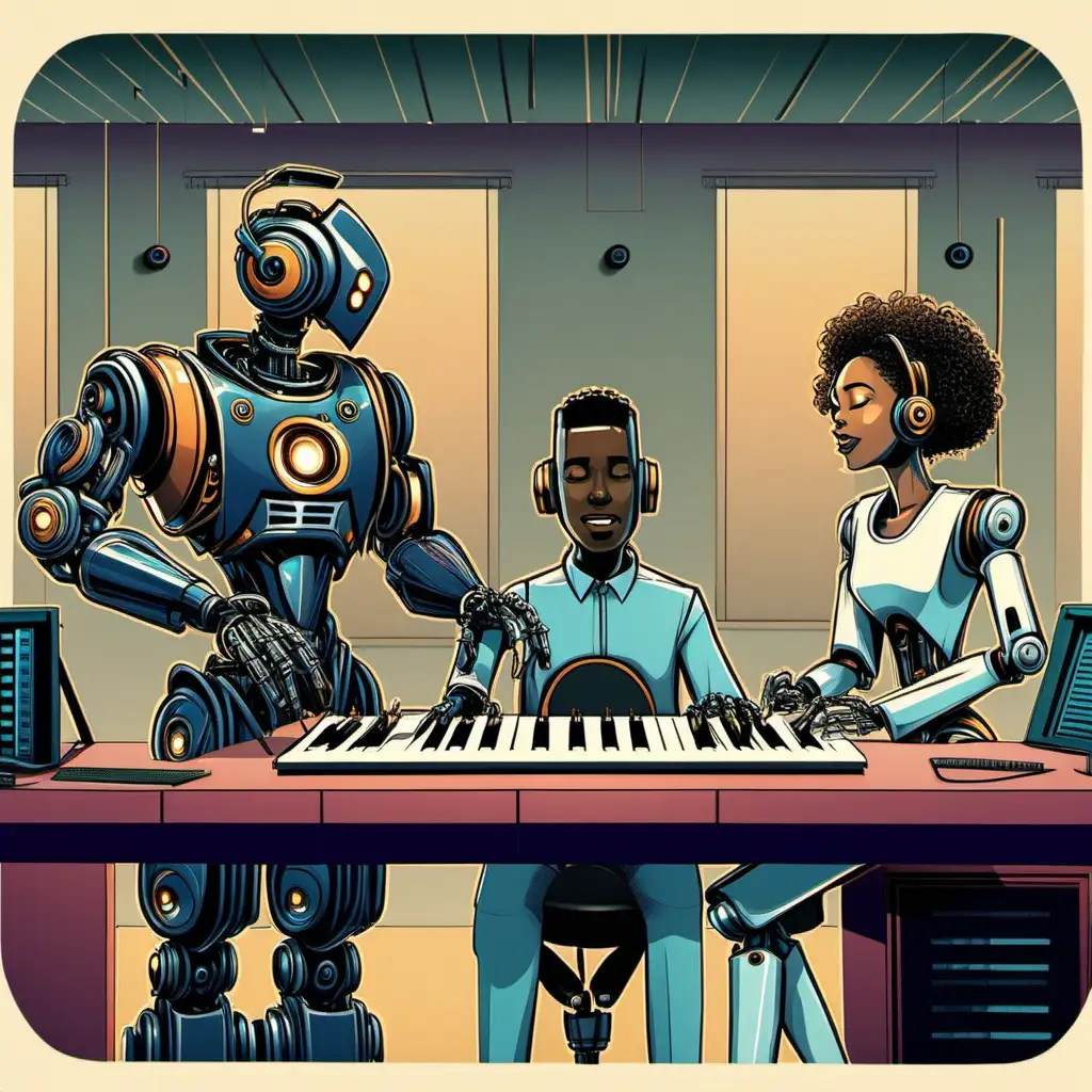 a male and female robot in a recording studio singing with a black male robot engineer