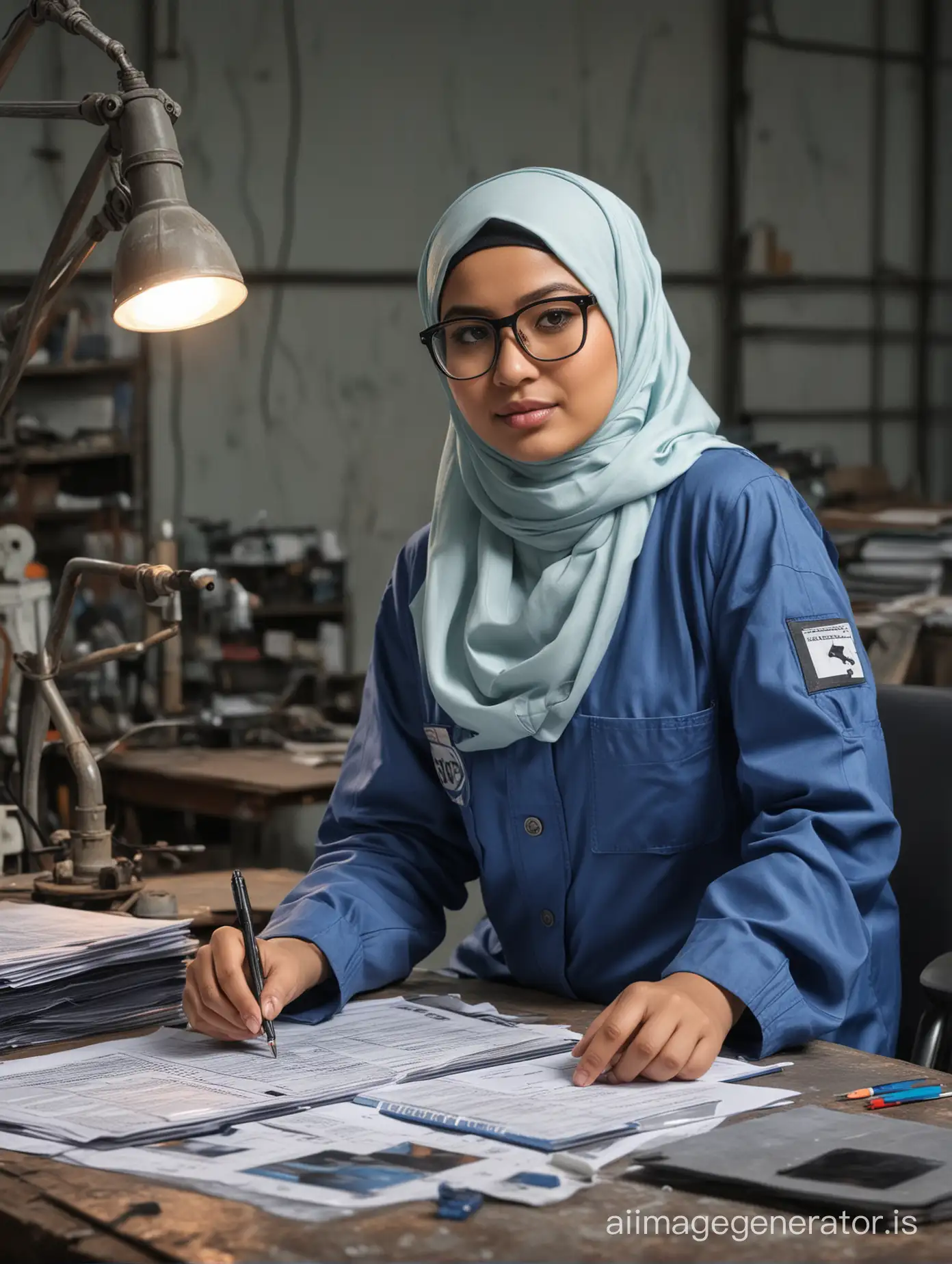 Curvy with  cleavage showing Indonesian muslim Engineer women busy working at her desk wearing blue coverall With reflectors. Wearing hijab and clear glasses with black frames, Her table if messy with documents, her background scene is oil and gas plant.