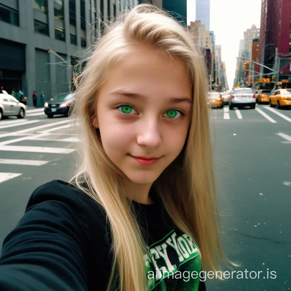 female, 14 year old girl, blonde hair, green eyes, taking selfie, no phone, full body, new york