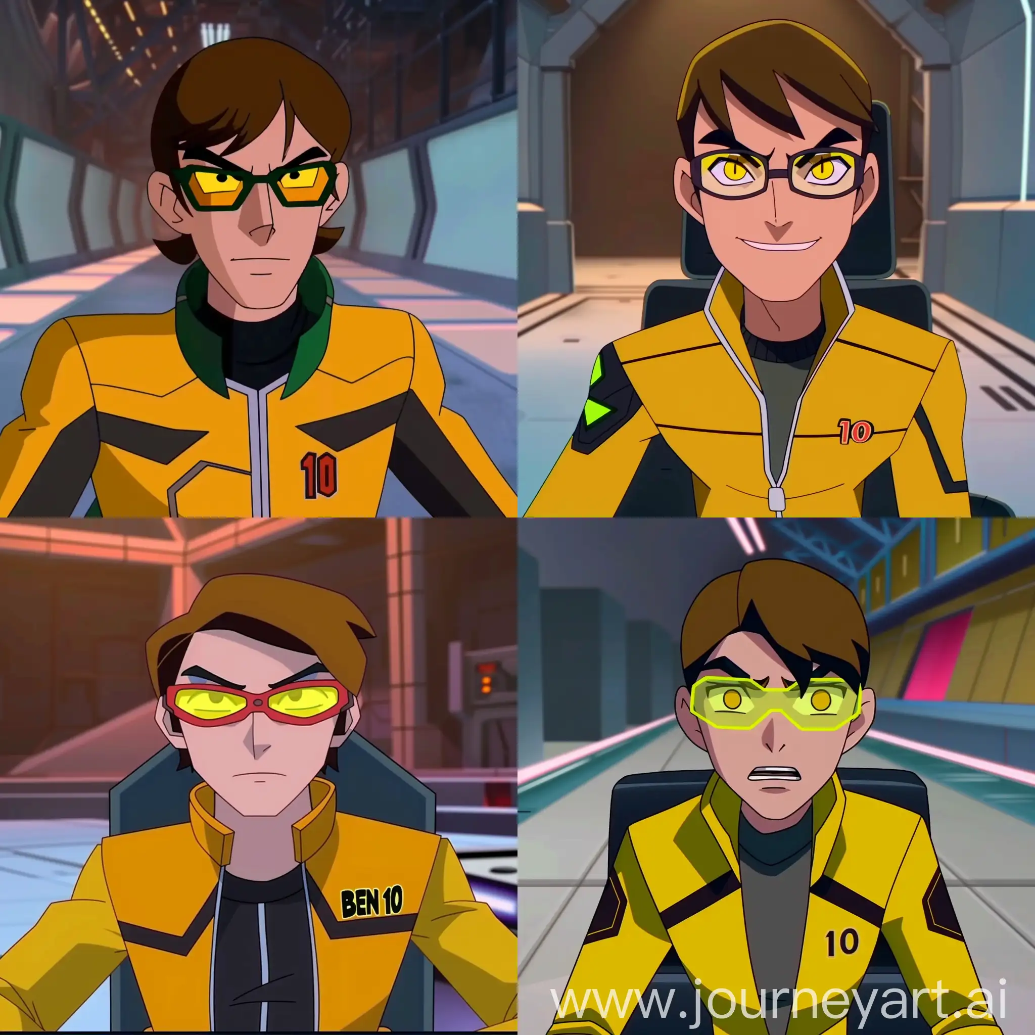 he's an animated character in the style of Man of Action[ben 10], he's handsome and has curved jawline, he is 5'11 in height and 60kg in weight. he wearing party glasses and he has yellow eyes, still is captured from front straight angle and it's a close camera shot with him smirking a little and "ben 10" is embroidered on his yellow jacket and black sweatshirt underneath. he's sitting on the empty hollow space with dim blur aesthetic background, portrait style,  --v 6  --sref https://cdn.discordapp.com/attachments/1215979386310889605/1216982884083040266/Picsart_24-03-08_22-57-05-471.jpg?ex=66025ea2&is=65efe9a2&hm=a3c3cd11df6f7a445bf1bb038220edc722e23bafed0277ddb6c2189fdd7132ea& <https://cdn.discordapp.com/attachments/1215979386310889605/1217016024080191539/dc0ea46ef4800245c6852fecdca3ec26.jpg?ex=66027d7f&is=65f0087f&hm=4dfeeb9c50c293884950e8ce0d8b37869a4a50faa0b9dc9468d263f56d640be5&> --sw 90