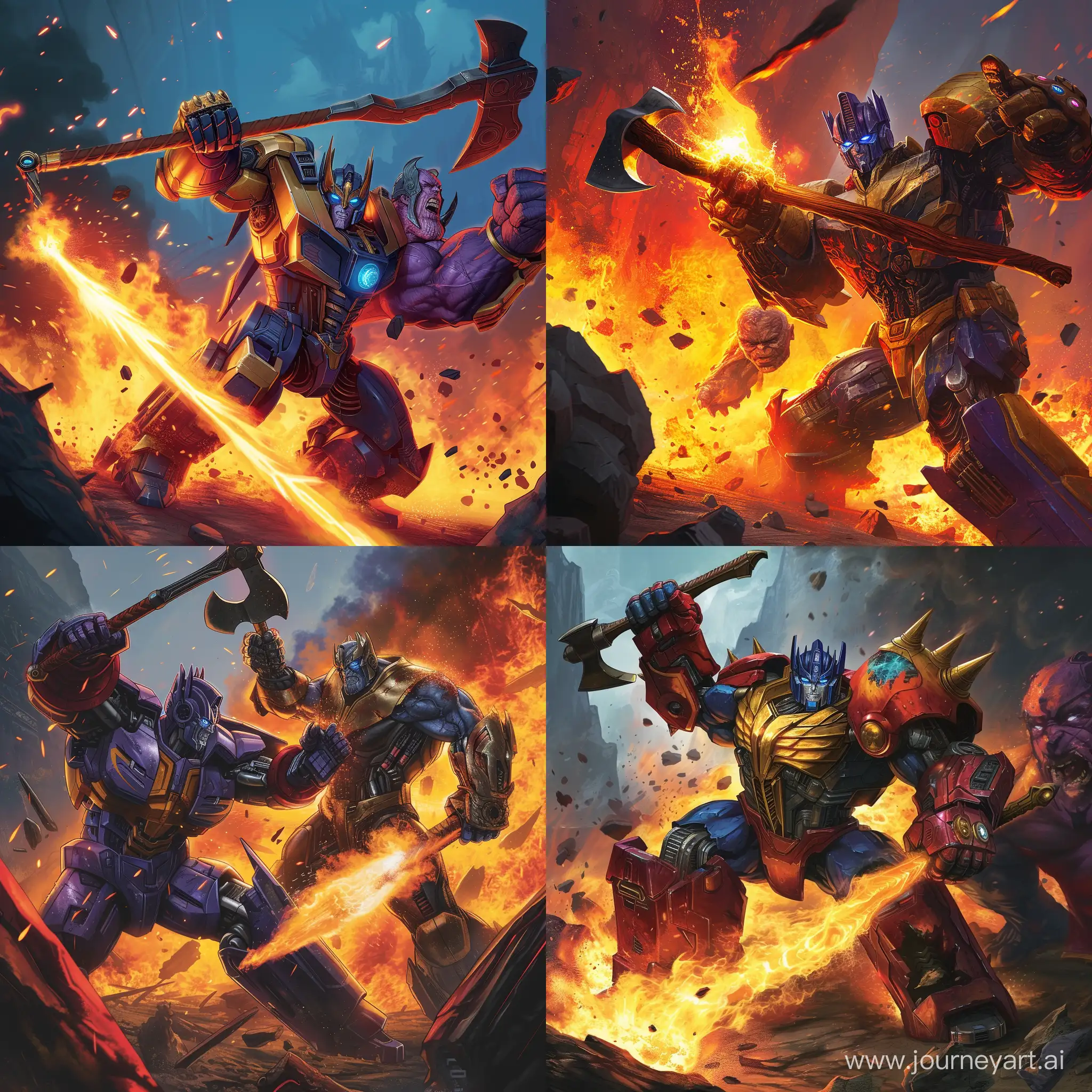 optimus prime (bayverse version) killing thanos with a fire sword and axe
