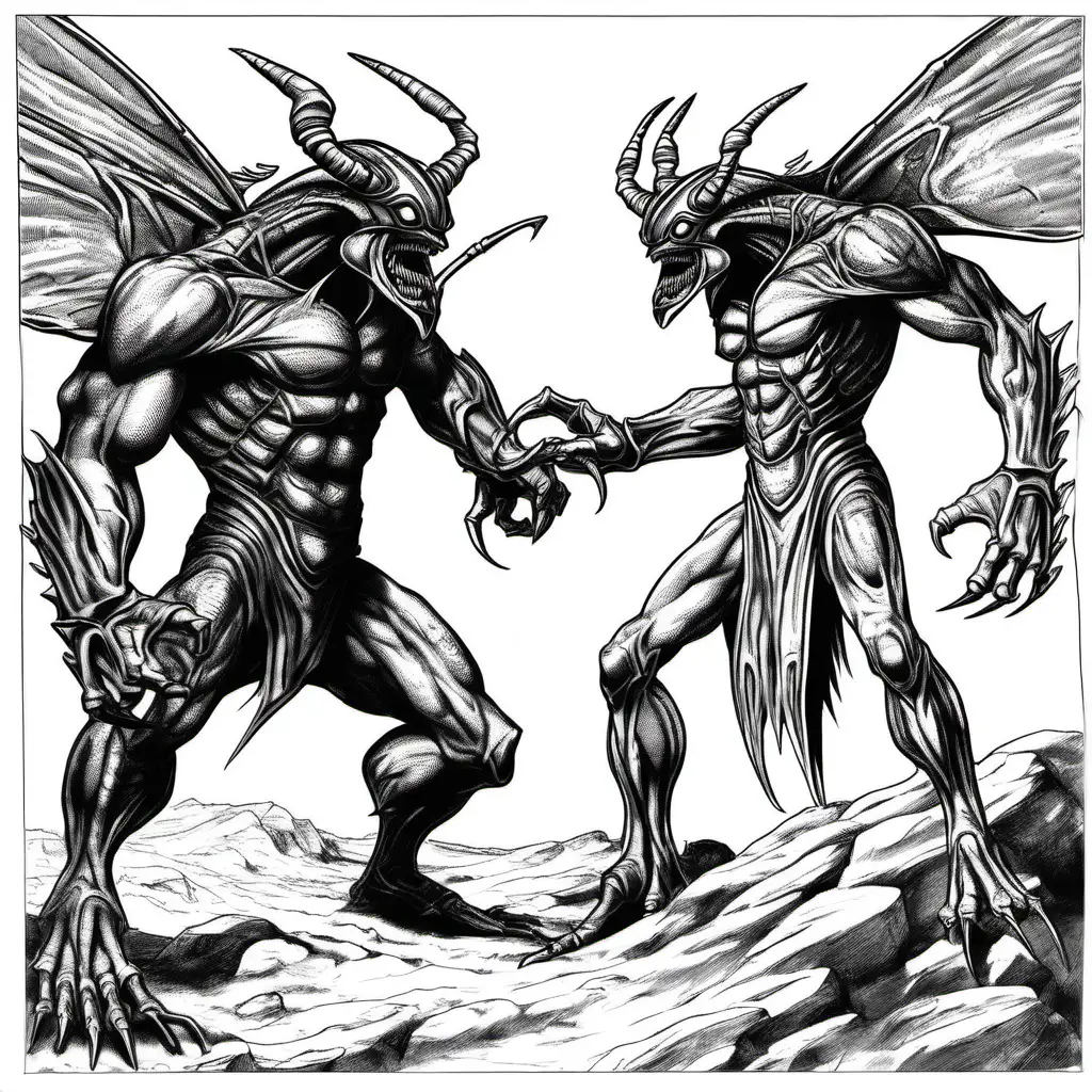 two giant monsters, Krom, and midra the dark beetle, fighting , coloring pages