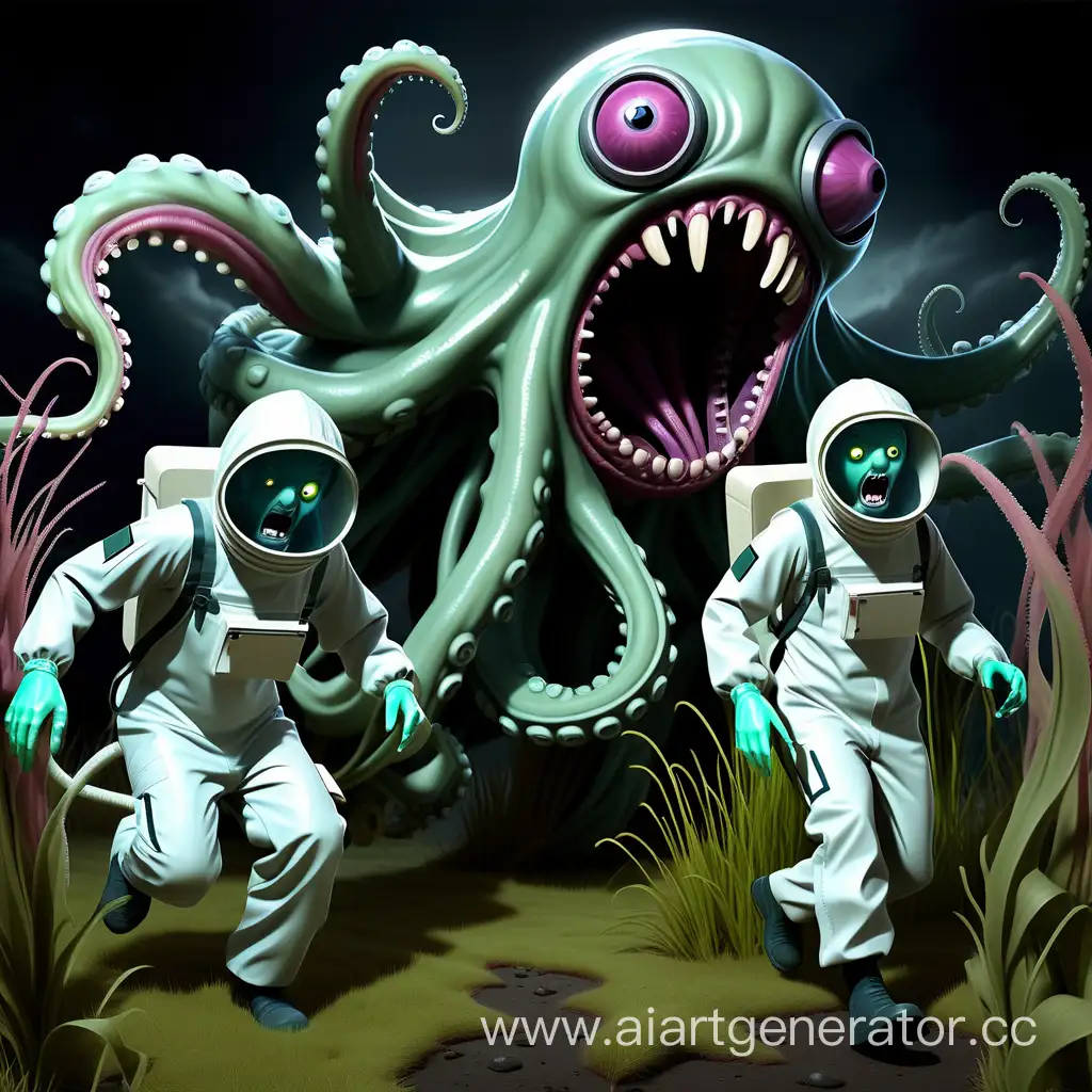 Scientists-Fleeing-Terrifying-Tentacled-Monster-in-Protective-Suits
