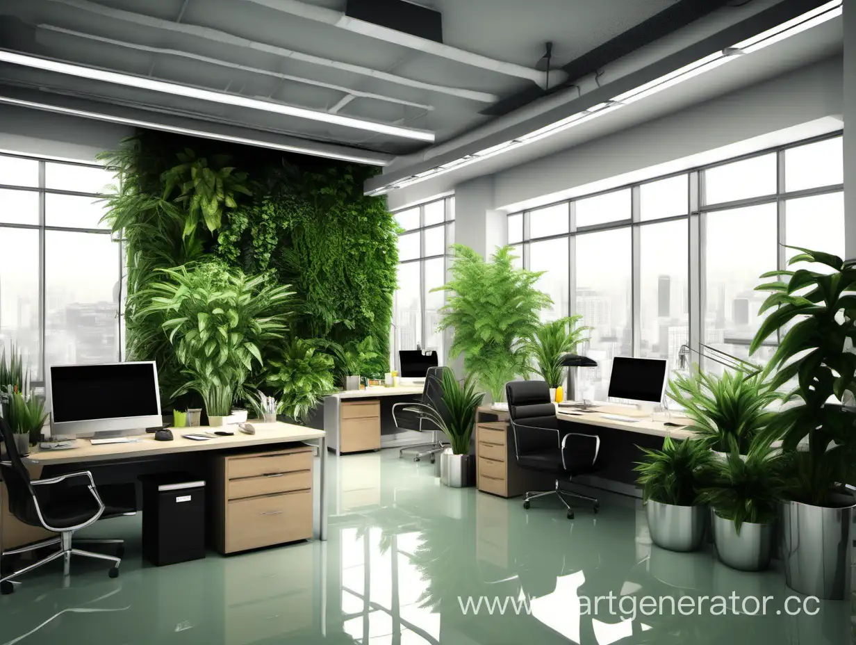 Мне нужен офис большой и масштабный в стиле фотореализм. Фотография офиса. В офисе много растений. Большой офис. Много рабочих столов и компьютеров. И много зелёных растений. Без людей