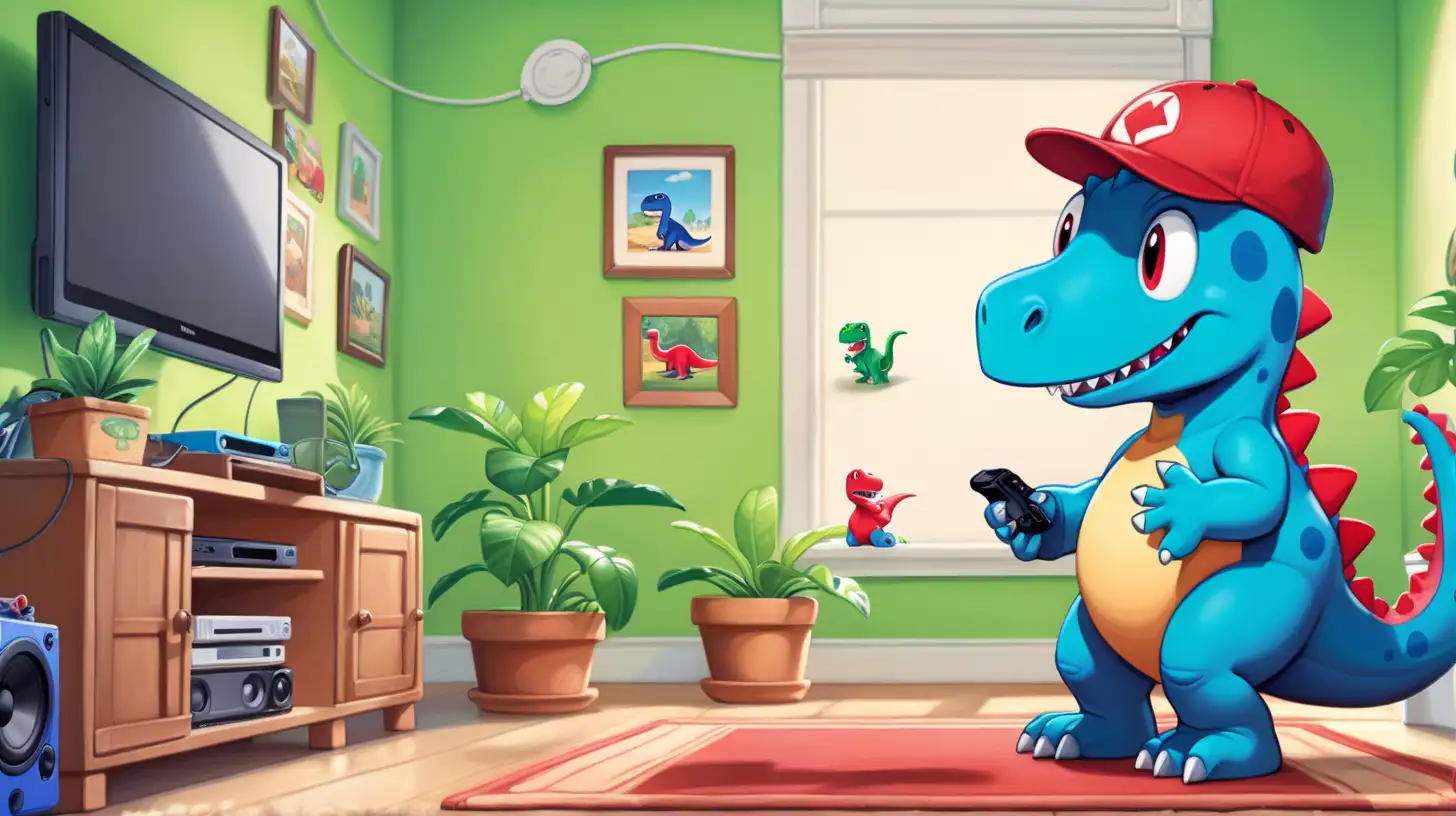 Friendly Green Dinosaur Playing Video Games in Cute Blue Room