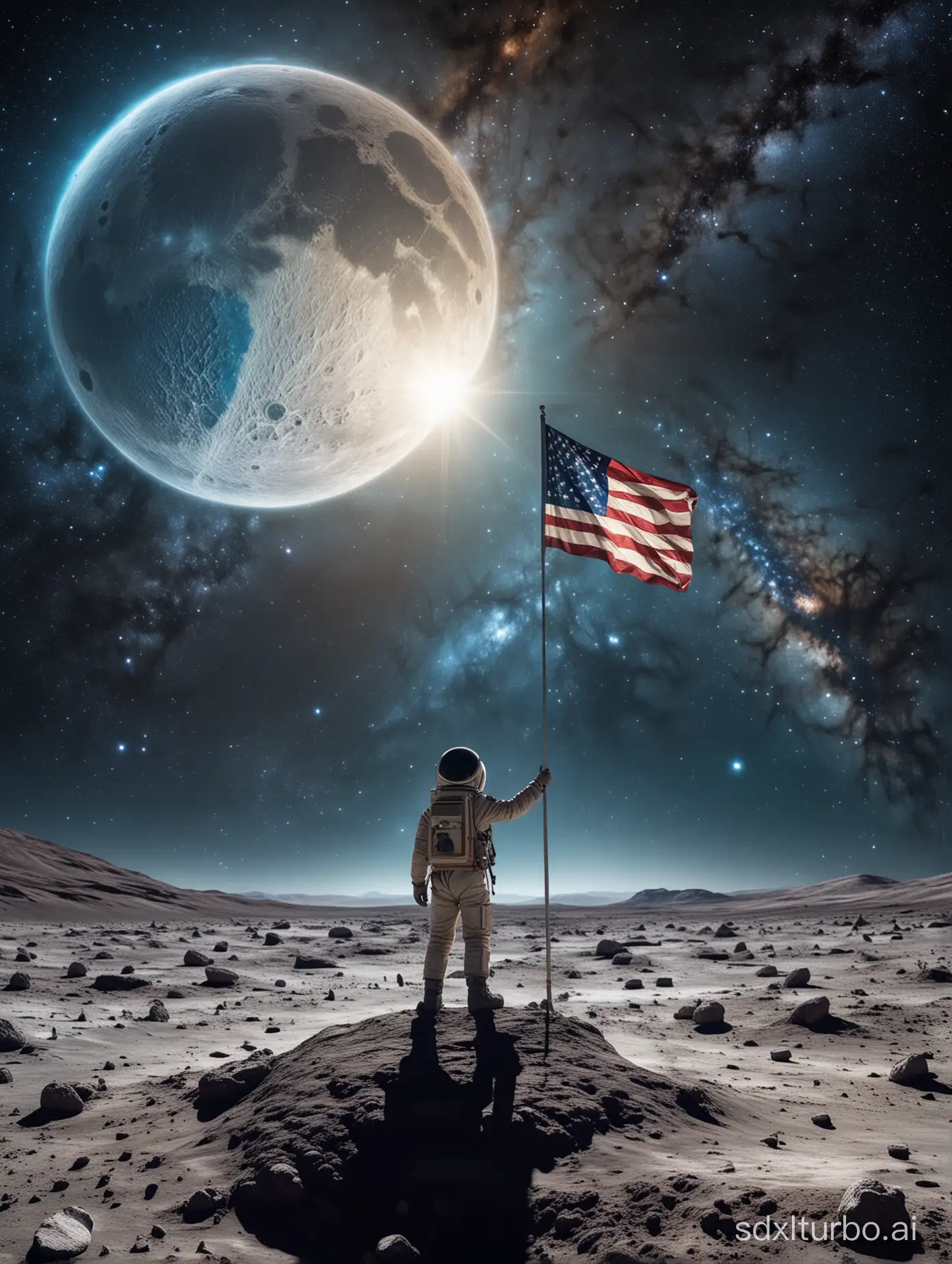 A boy, holding a national flag, stands on the surface of the moon, with a blue planet and the Milky Way galaxy behind him, vibrant colors.
