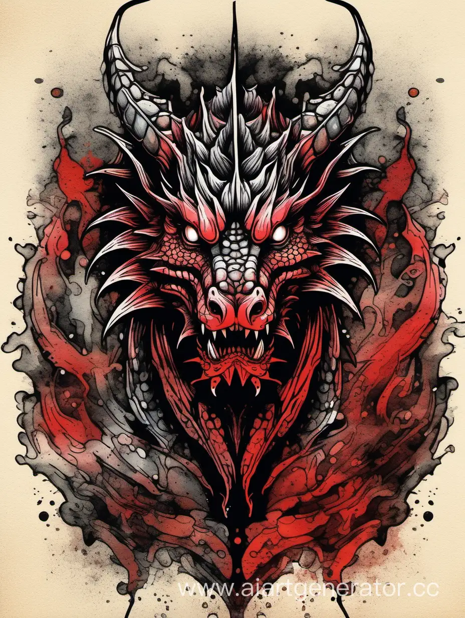 front head of a dragon, hand-rendered in high-quality liquid pen and ink, high contrast colors, stunning palette of black red colors. vintage and flat 2D space, the art is given depth by a complex background that dances with mystic allure, masterfully captured in the styles of watercolor, the artwork is splashed, sticker art
