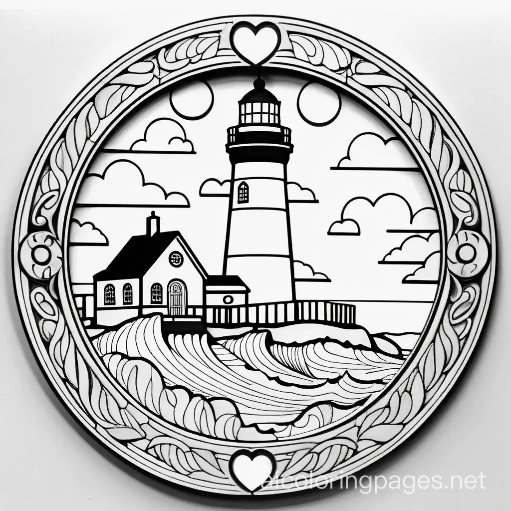 In a heart, Boston Lighthouse, infinite detail, wood carving with intricate background detail, 3d, inside white circle, black and white, Coloring Page, black and white, line art, white background, Simplicity, Ample White Space. The background of the coloring page is plain white to make it easy for young children to color within the lines. The outlines of all the subjects are easy to distinguish, making it simple for kids to color without too much difficulty