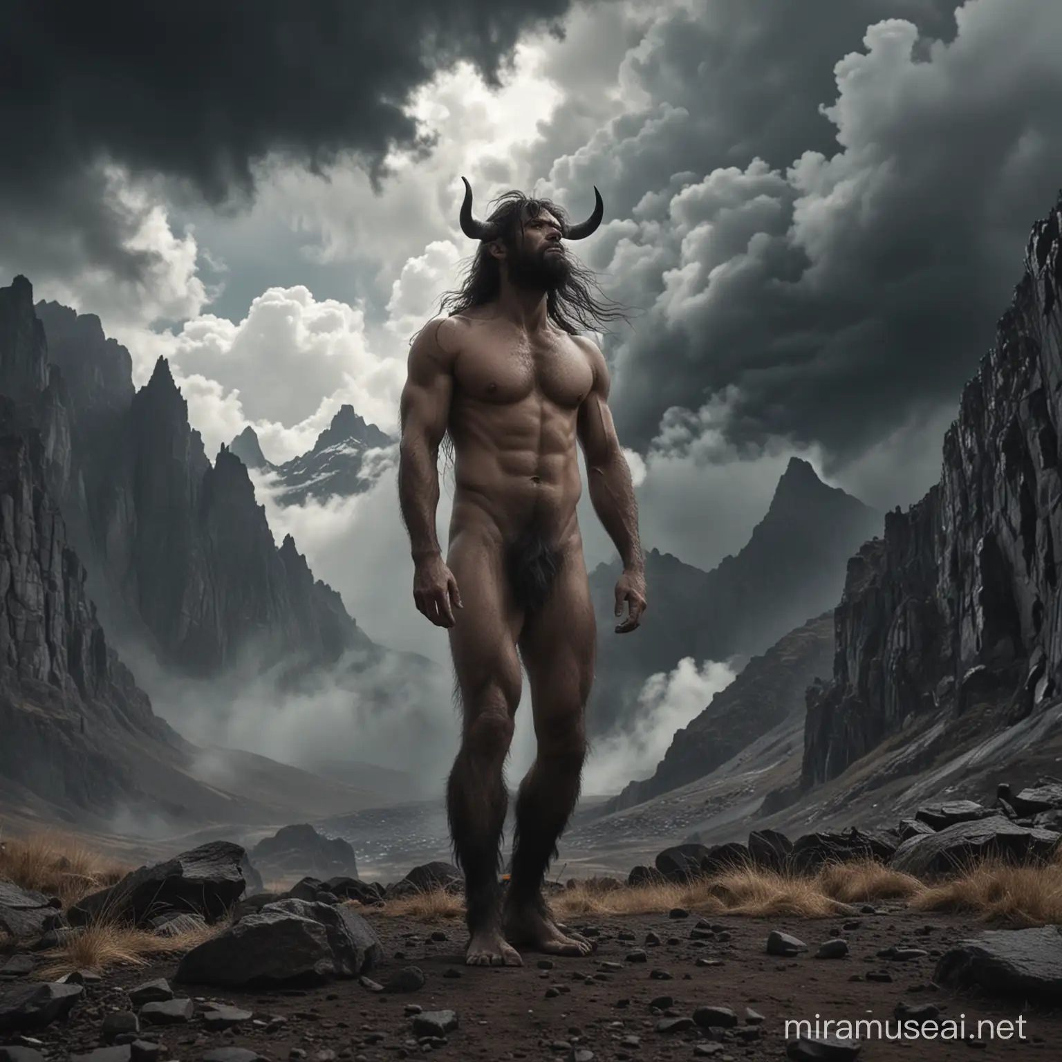 A humanoid creature,  hairy legs ending on hooves. Bare chest. Human face. Small horns over a long matted hair. He stares up in terror at a menacing black cloud. Mountain side setting , low-angle shot
