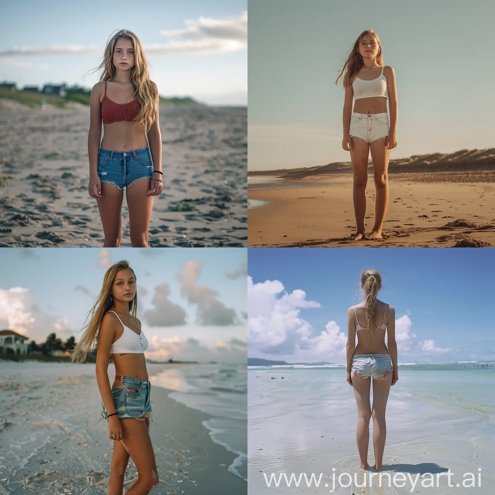 full body, female teenager, standing, beach,