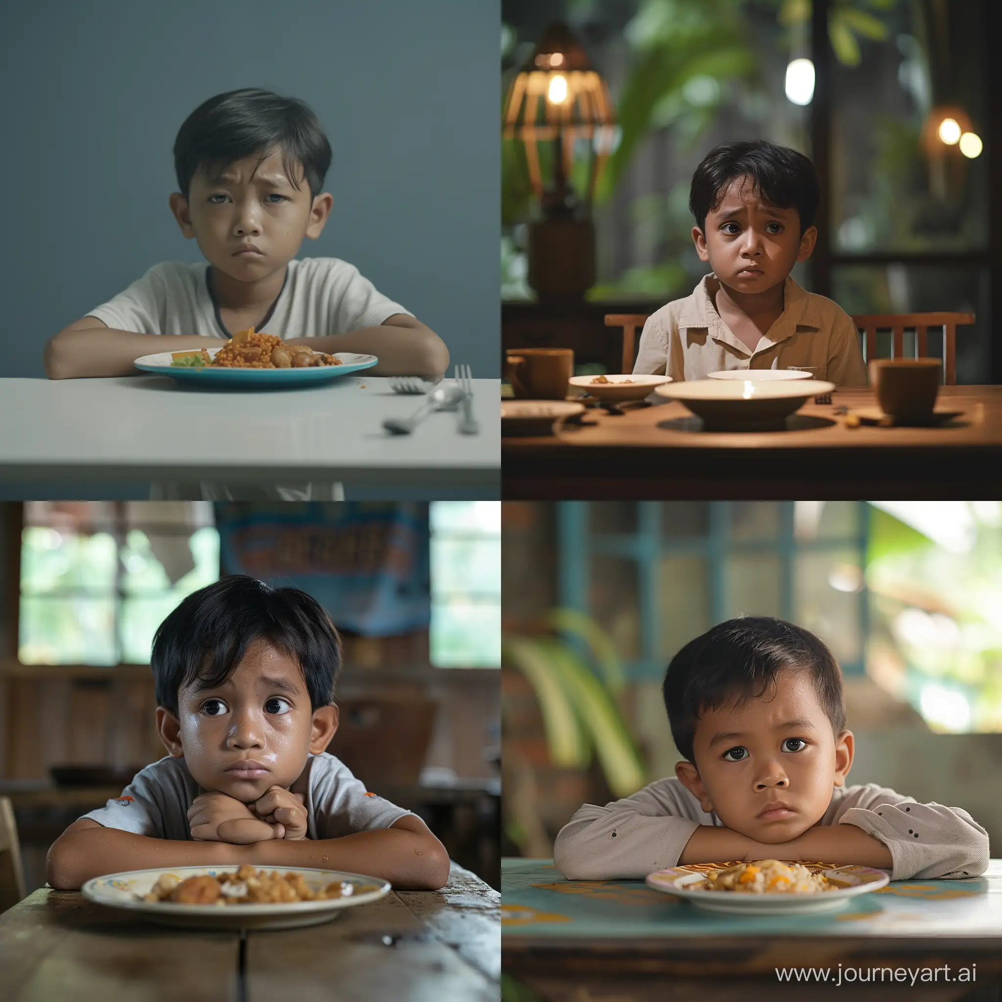 A 5 year old indonesian boy looked gloomy and had no appetite at a simple dining table. Movie scene