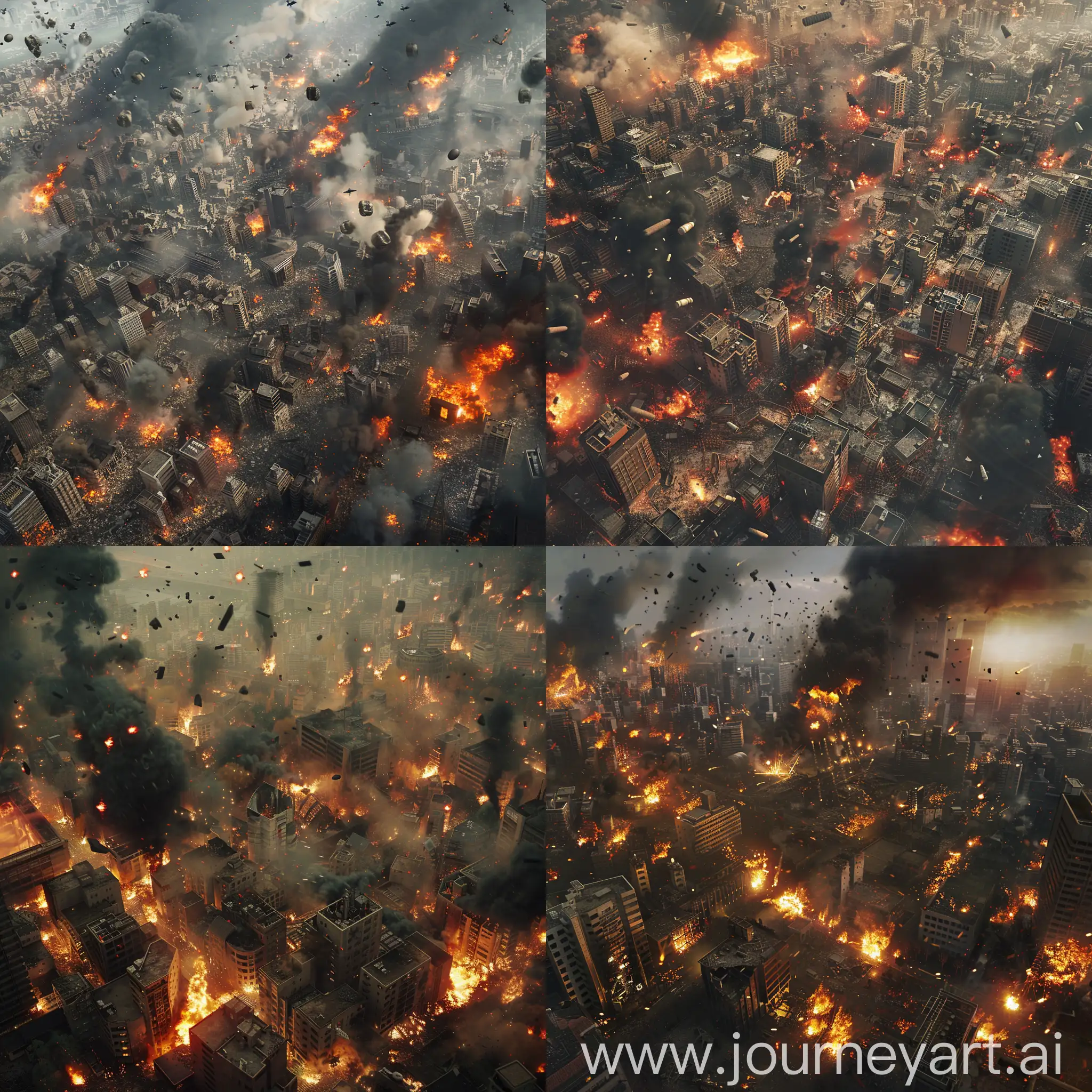 The bombing of Tokyo in 1945, aerial view, falling bombs, explosions, fires, many burning structures, sad and gloomy background, extremely realistic, 8k high resolution.