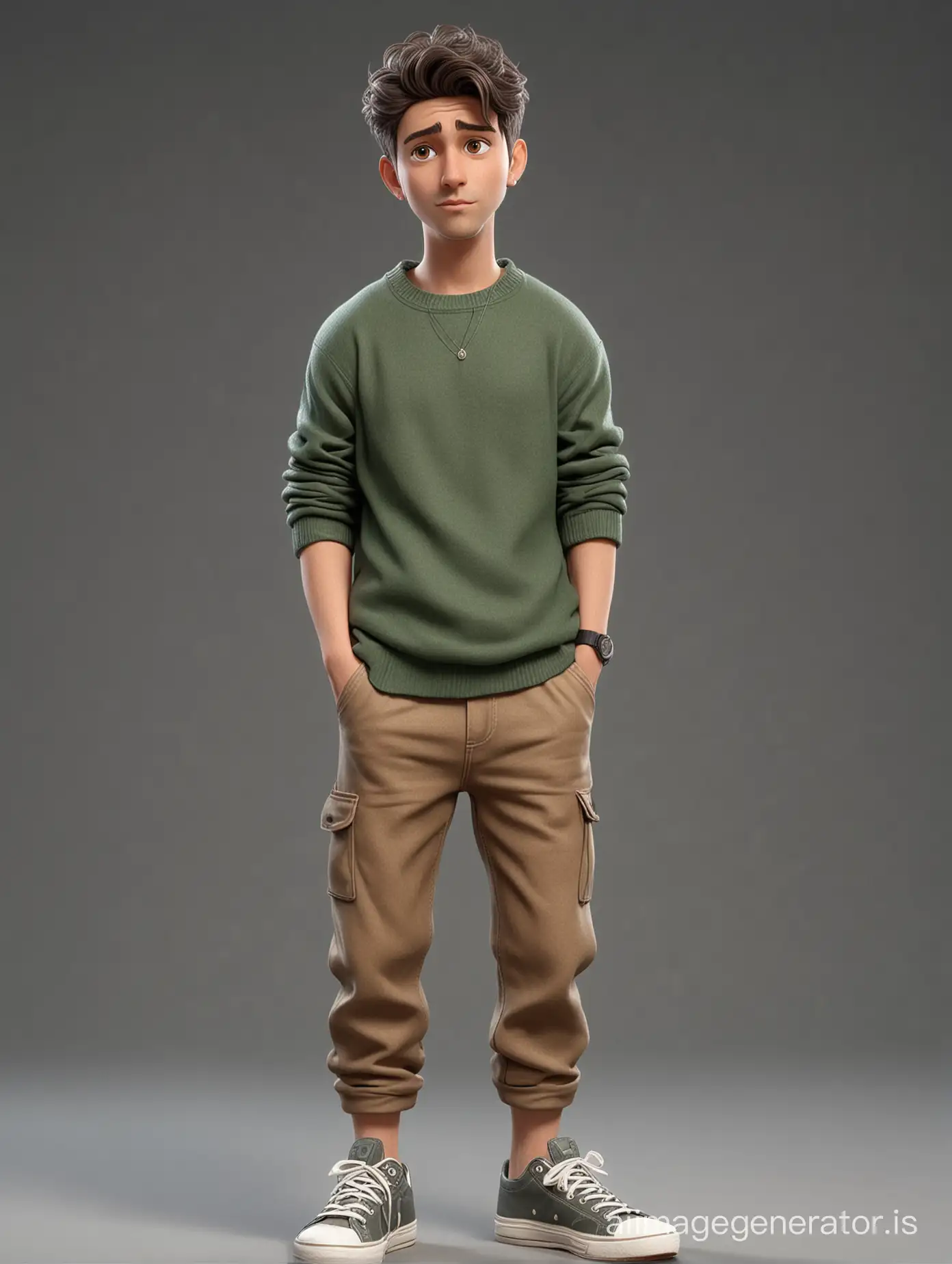 skeptical guy in cartoon style, A suspicious look, short beard, dark short wavy hair hairstyles, Wearing a loose sweater, khaki jeans, sneakers, full-body shot, the modest pose of the model,  full growth, maximum detail, best quality, HD, gorgeous light and shadow, detailed design, 3D quality