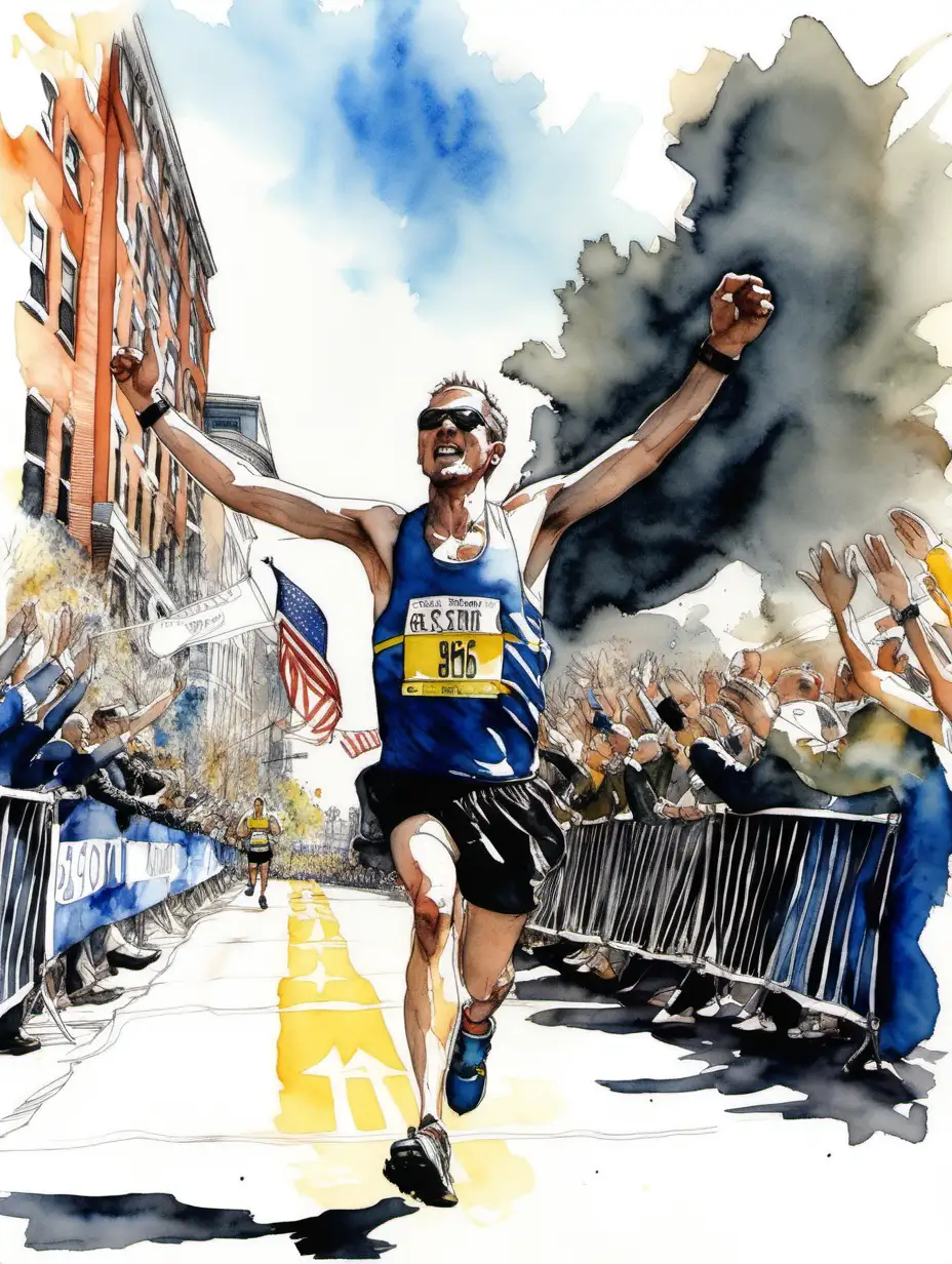 A participant in the Boston Marathon crosses the finish line and throws his arms up, lots of spectators, sun, blue sky, charcoal, delicate watercolour and ink