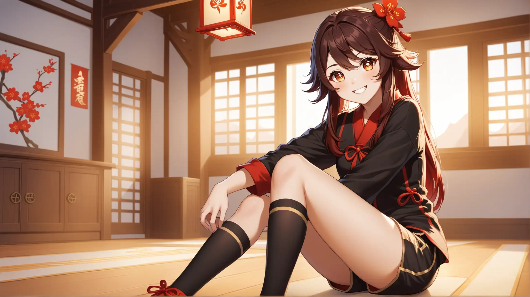 Draw the character Hu Tao from the game Genshin Impact sitting in a dynamic pose alone indoors while she is wearing high socks with shorts and a shirt and smiling at the viewer