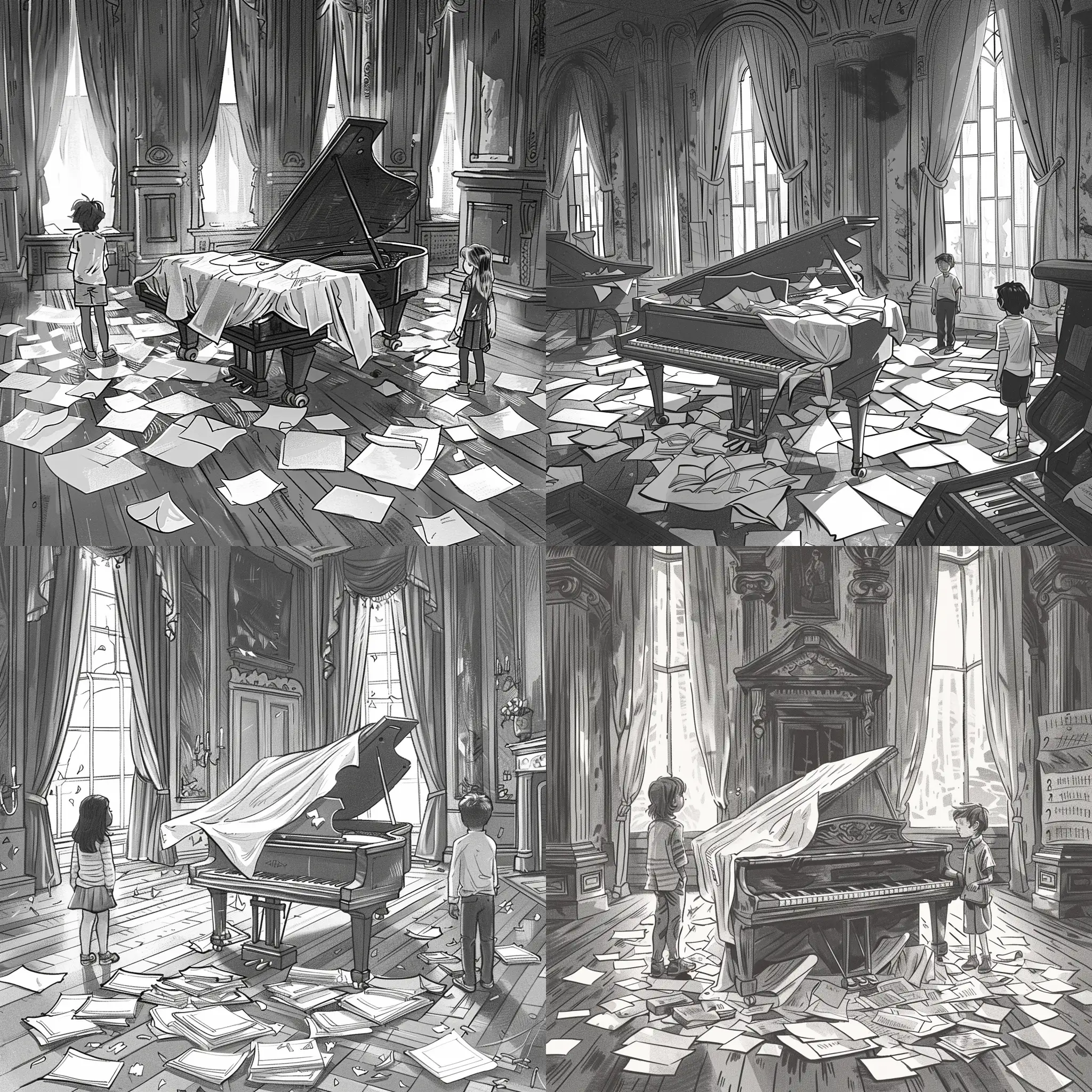 black and white childrens chapter book image of a large room in an old mansion, in the center of the room is ia a piano with a sheet covering some of the piano, on the piano and scattered on the floor are lots of sheets of paper, in the background there are a couple of large tall windows with curtains, also in the room are two 10 year ols children stood looking around the room.
