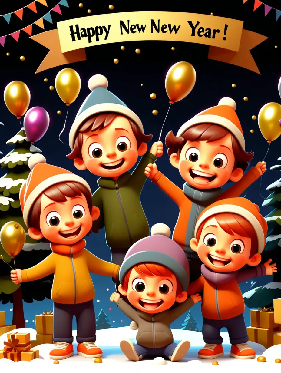 Joyful New Year Celebration with Cartoon Children