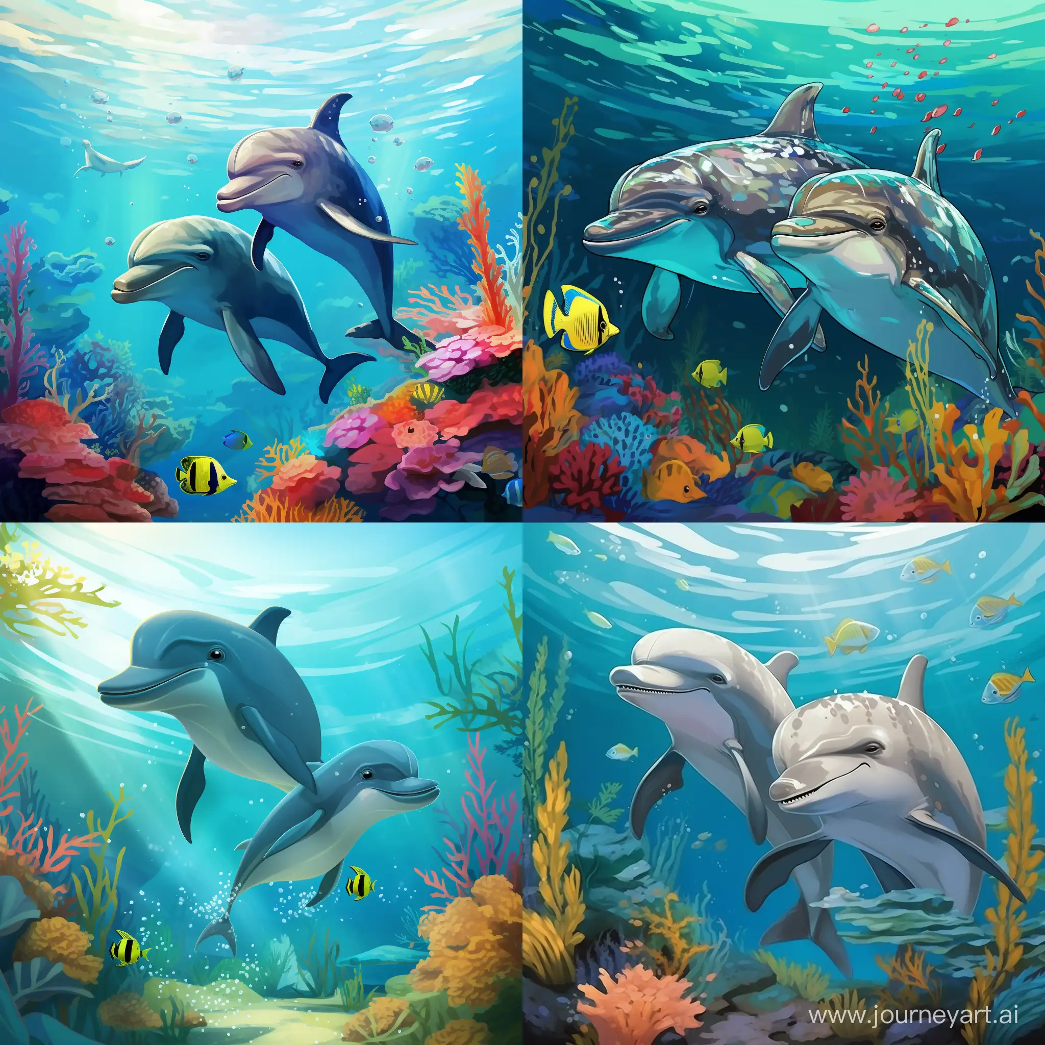vector drawing of two dolphins looking at me underwater with tropical fish