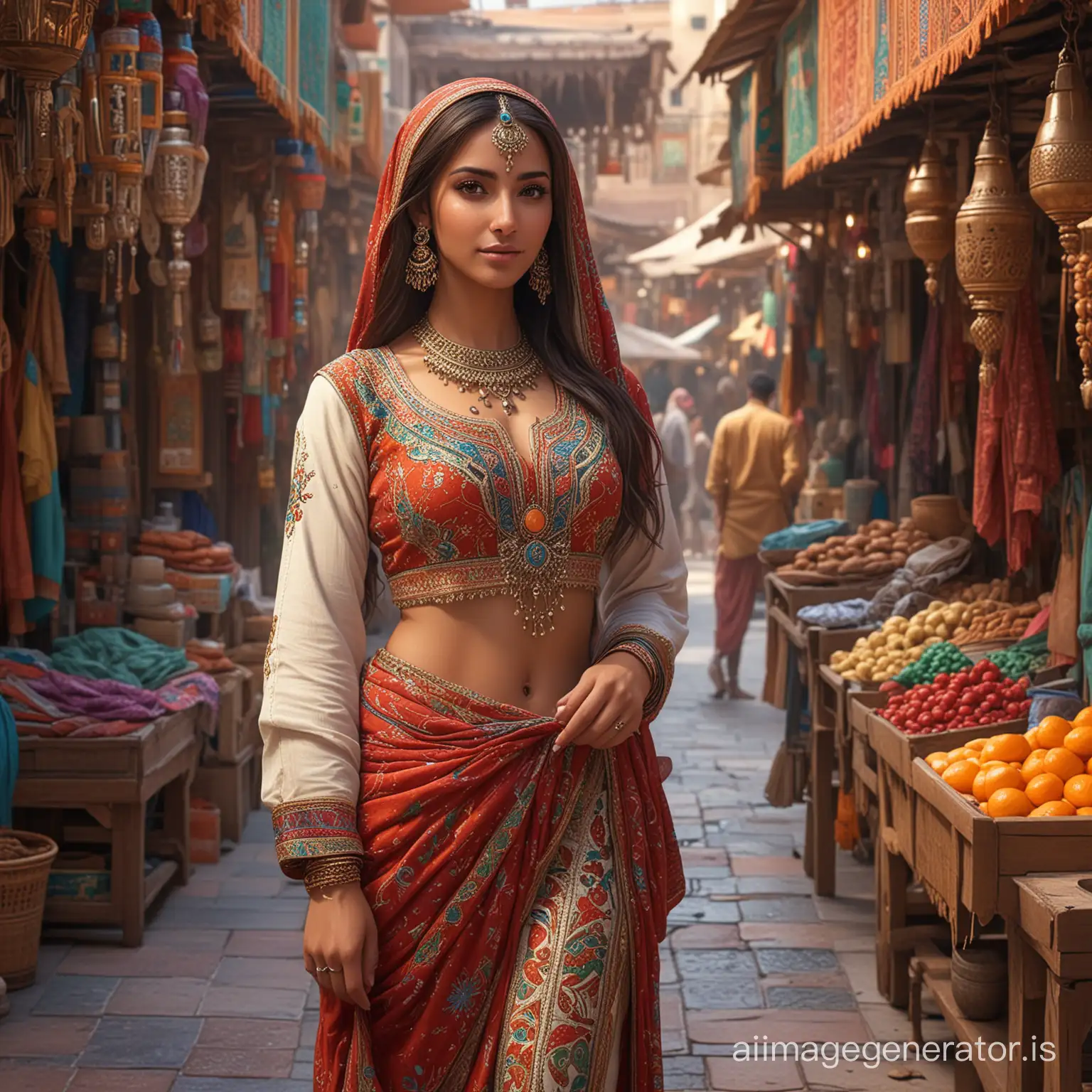 Prompt: Hot Arab girl in traditional attire standing in a vibrant marketplace, detailed character design, realistic shading and lighting, full body visible, exotic beauty, dynamic pose, intricate patterns, cinematic composition, artwork by Hiba Tan, 4k resolution, detailed background elements, cultural diversity
Negative prompt: ugly, poorly drawn, bad-hands-5
