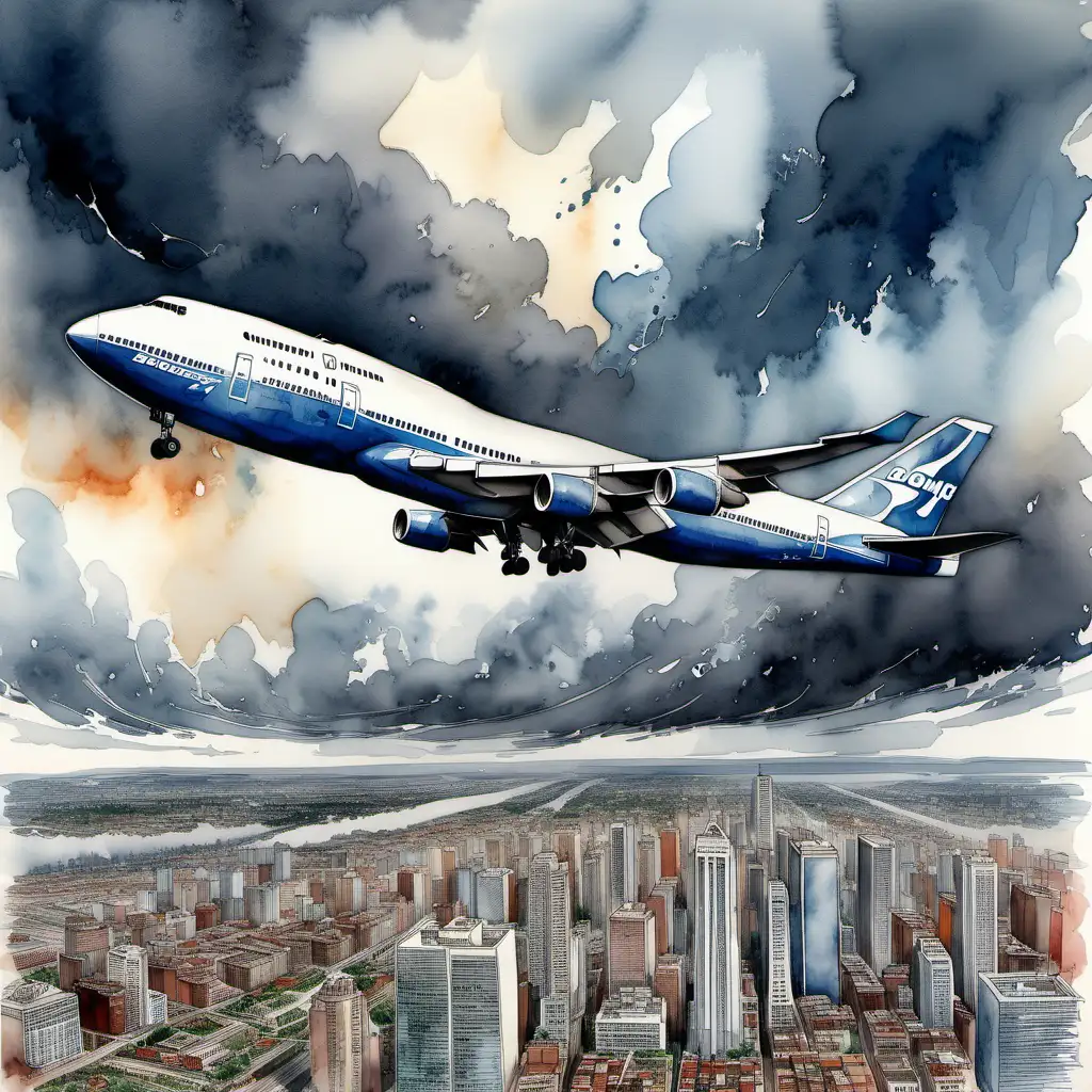 Boeing 747 flying over a city for landing in a stormy sky, watercolor
