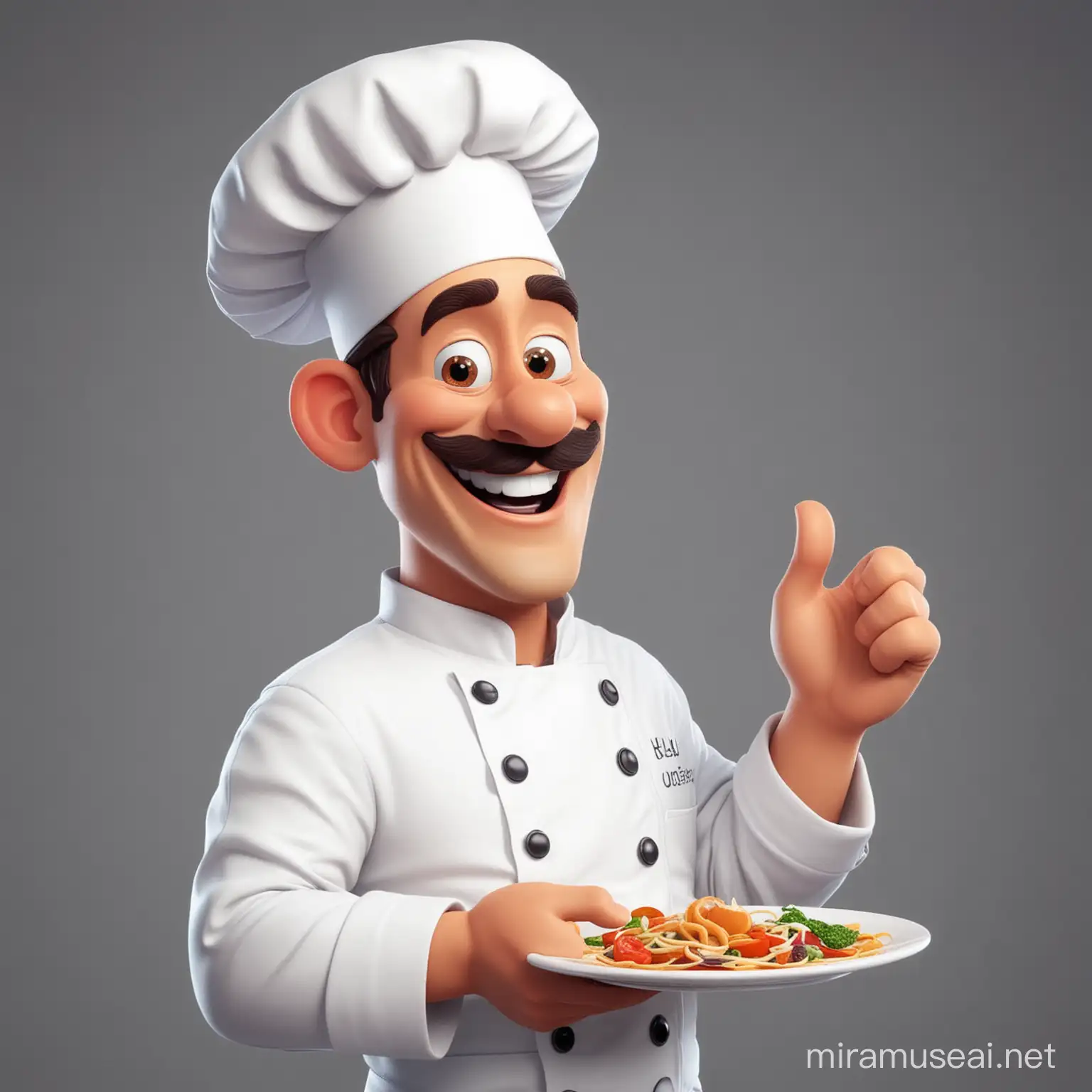 4k Hd logo photo of an animated cartoon chef holding a plate in his hand while smiling