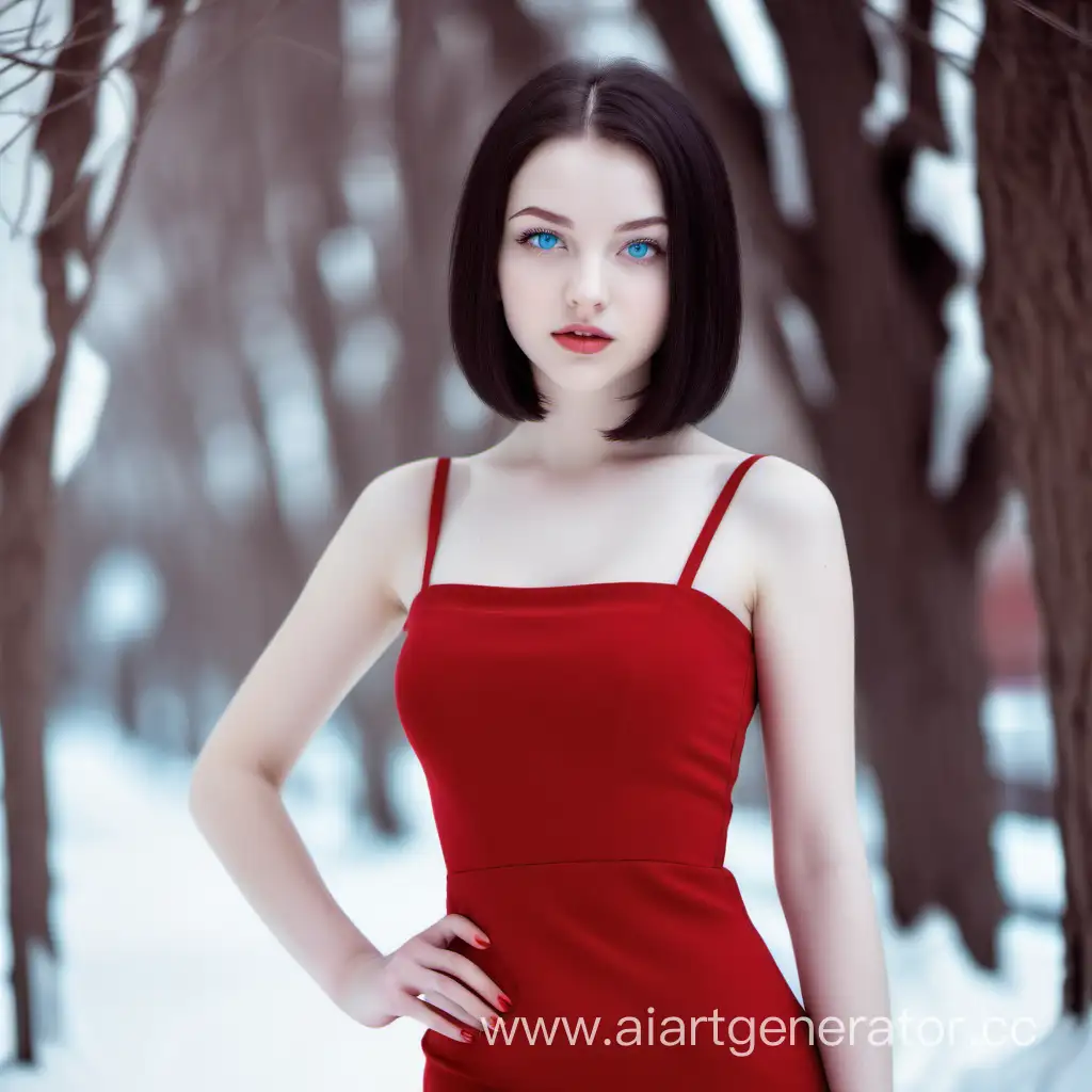 Elegant-Young-Woman-in-a-Red-Dress-with-Bobbed-Hair-and-Blue-Eyes