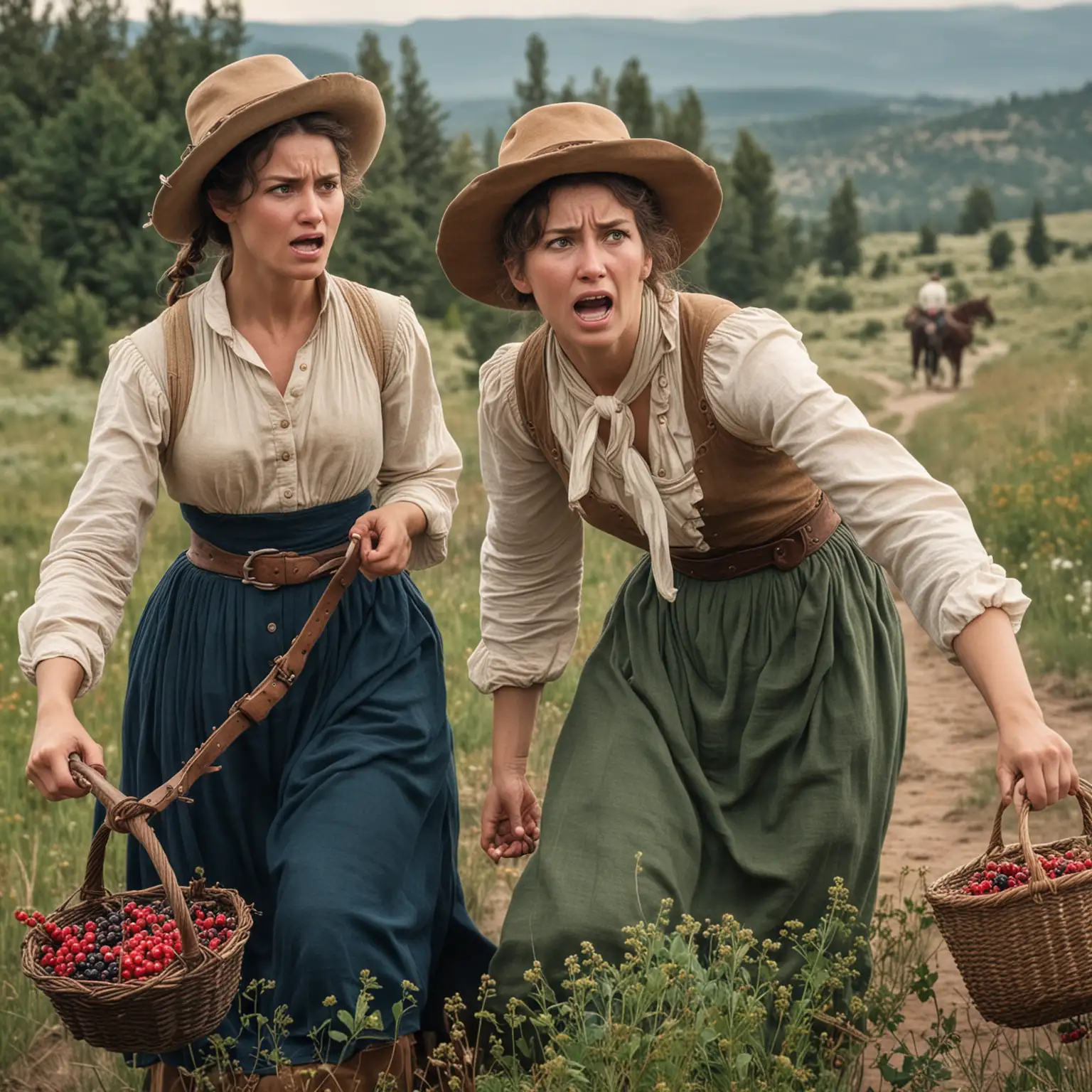 Two pioneer women on the Oregon trail. one woman  is violently fighting berries while the other beautiful woman is extremely worried 