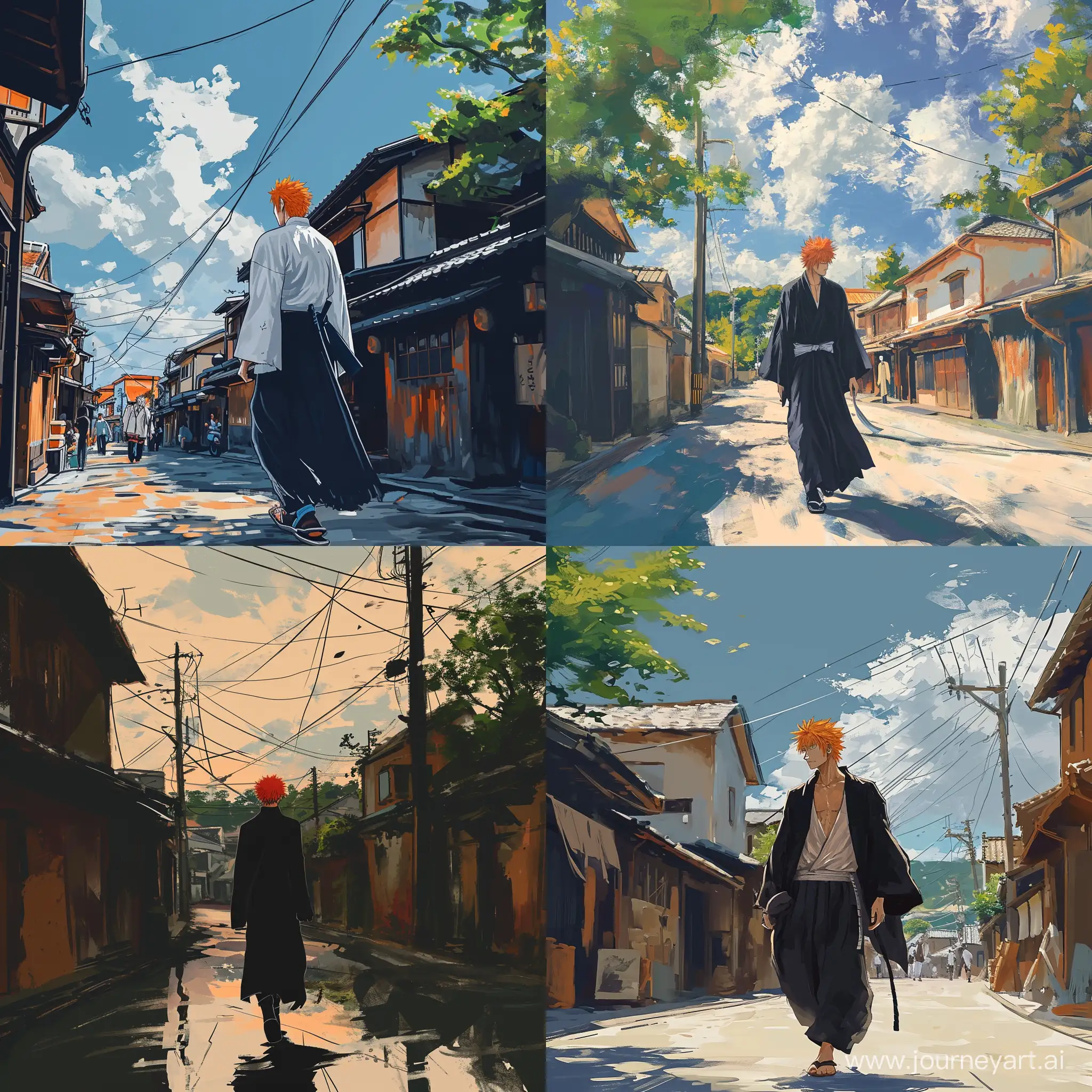 Kurosaki Ichigo from Bleach anime walking in karakura town Japan anime illustration style and digital painting