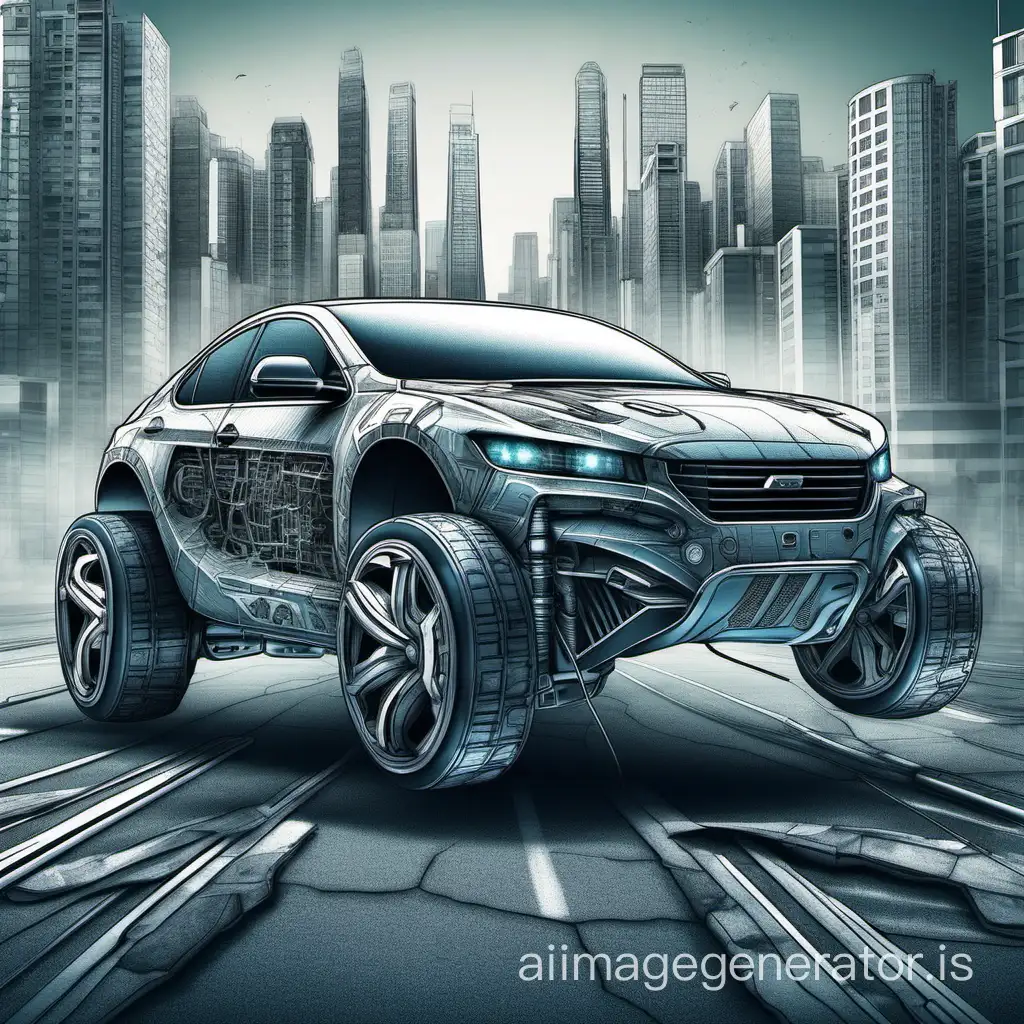 Create a drawing of a car in the style of bionics against the backdrop of a city