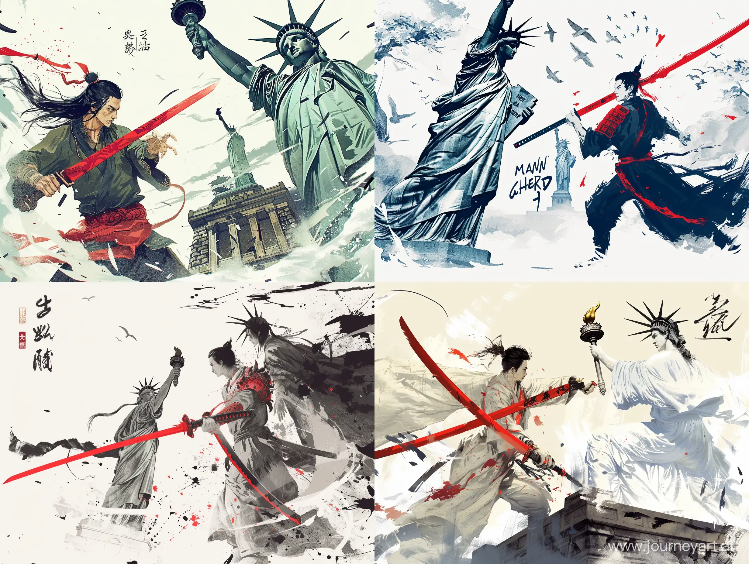 Hero Hua from A Man Called Hero, he holds a red ancient Chinese sword and Invincible holds a Japanese samurai sword, the two fight under the Statue of Liberty, ink artistic conception, with typography elements, abstract, complementary colors, simplicity, Chinese painting, white background, 8k