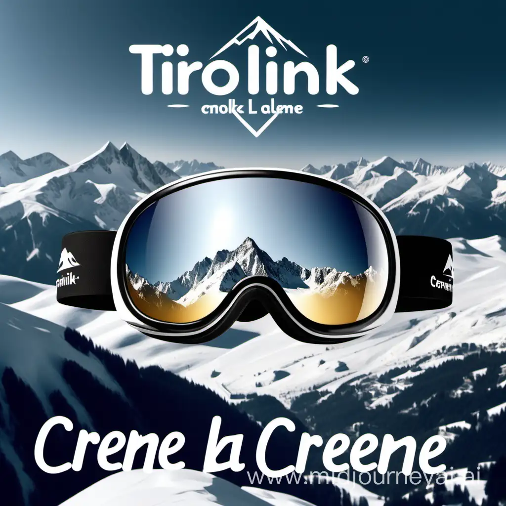 design me a logo,  with mountain tops in the background, representing the Alps. In the foreground, there are ski goggles placed creatively. Below the ski goggles, there's stylish text that reads "Creme de la creme". Beneath the brand name, you'll find the hashtag "Tirolinkäkikellot" incorporated into the design.