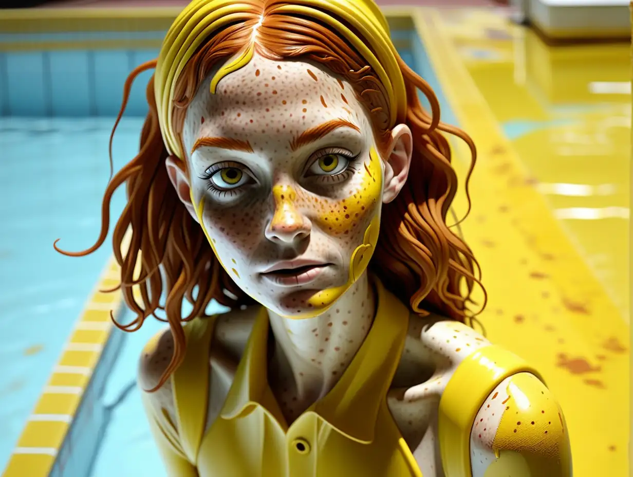 Stylish 40YearOld Woman Covered in Yellow Paint in Empty Swimming Pool