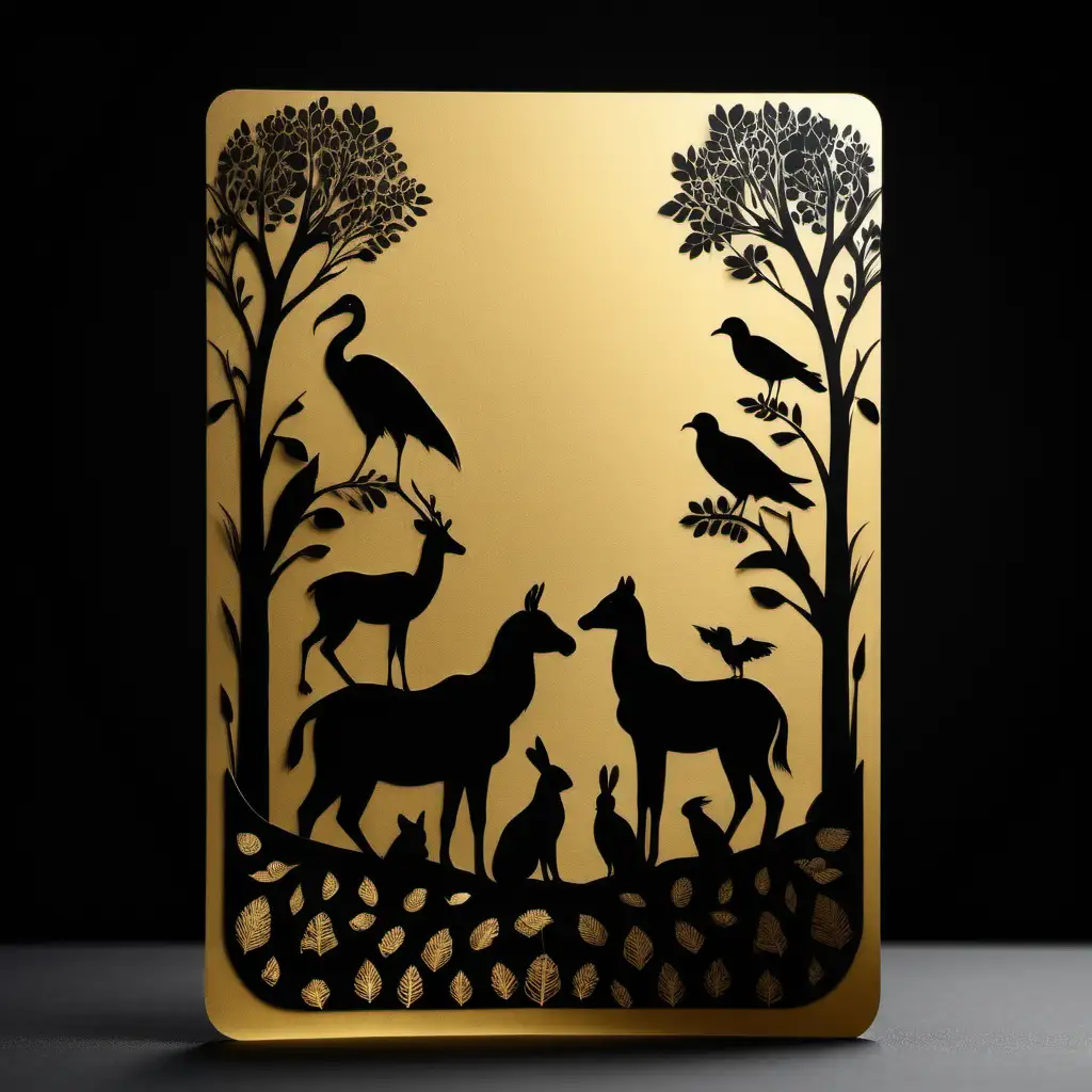 carta dourada silhueta de animais com detalhes pretos e brancos com a imagem de fundo de frente