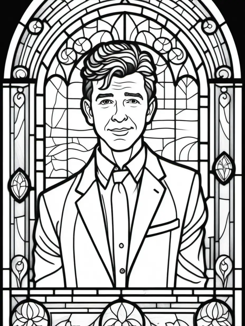 adult coloring book, cartoon drawing, clean black and white, single line, white background, young rick astley in front of a stained glass window
