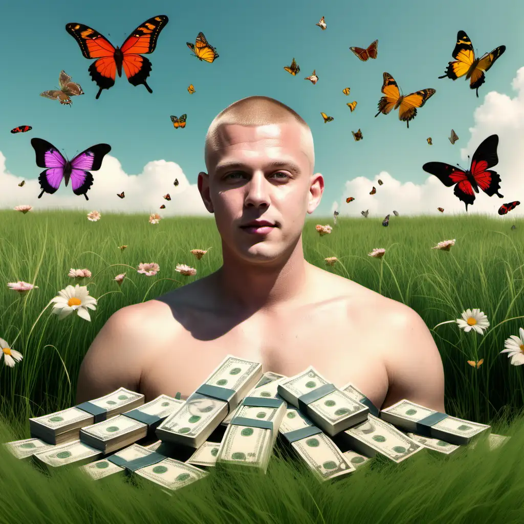 a white man with a blonde buzz cut in a field of grass with flowers, butterflies, and big stacks of money