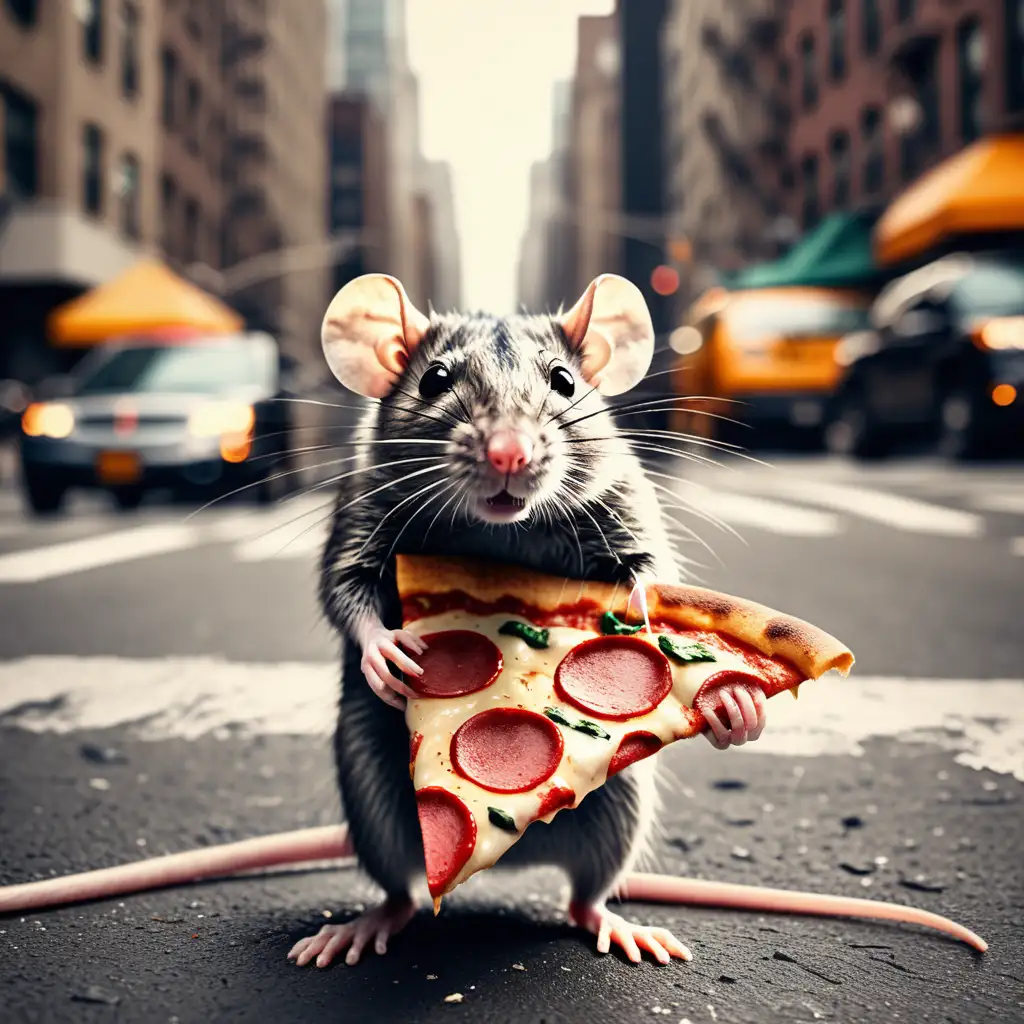 rat with pizza slice in new york city streets, half tone style